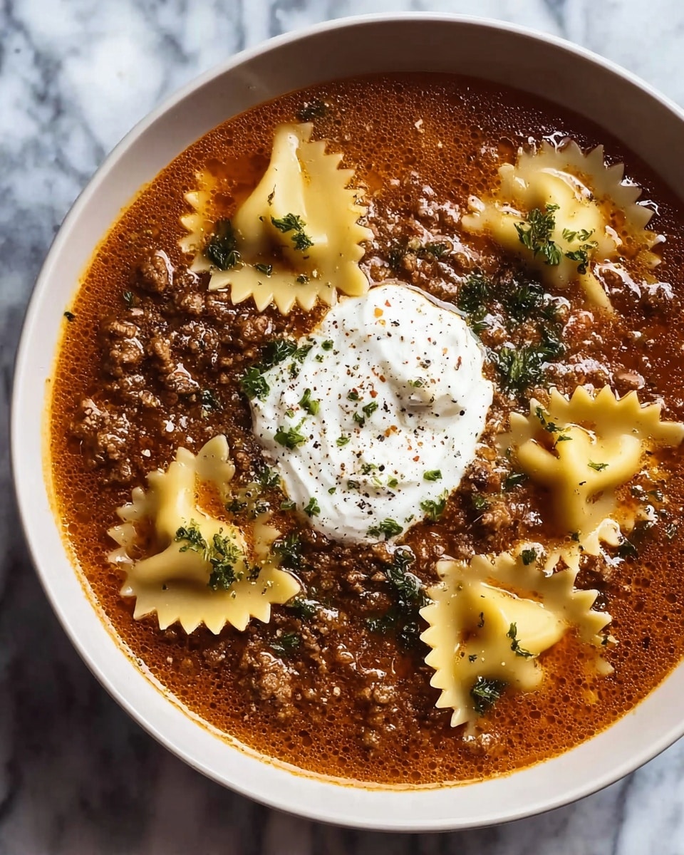 The image shows a close-up of a white bowl filled with a thick reddish-brown soup mixed with ground meat and chopped herbs. There are five pieces of wavy-edged, pale yellow pasta floating on top around the edges. In the center, there is a dollop of white creamy cheese, sprinkled with black pepper and small green herb bits. The soup looks rich and hearty, with a slightly glossy surface. The bowl rests on a white marbled surface. photo taken with an iphone --ar 4:5 --v 7