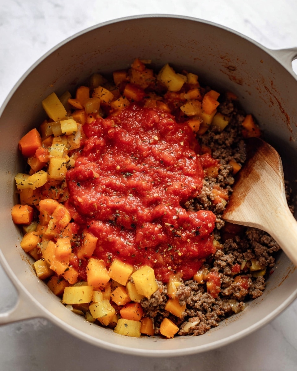 A large light grey pot filled with three main layers: at the bottom, a chunky mix of brown cooked ground meat and yellow-orange cubed vegetables, mostly filling the pot; on top of this base is a bright red chunky tomato sauce spread in the center, with visible black pepper flakes and bits of diced vegetables; a wooden spoon with a light brown handle rests inside the pot on the right side, lying over the meat and vegetable mixture. The pot is placed on a white marbled surface. Photo taken with an iphone --ar 4:5 --v 7