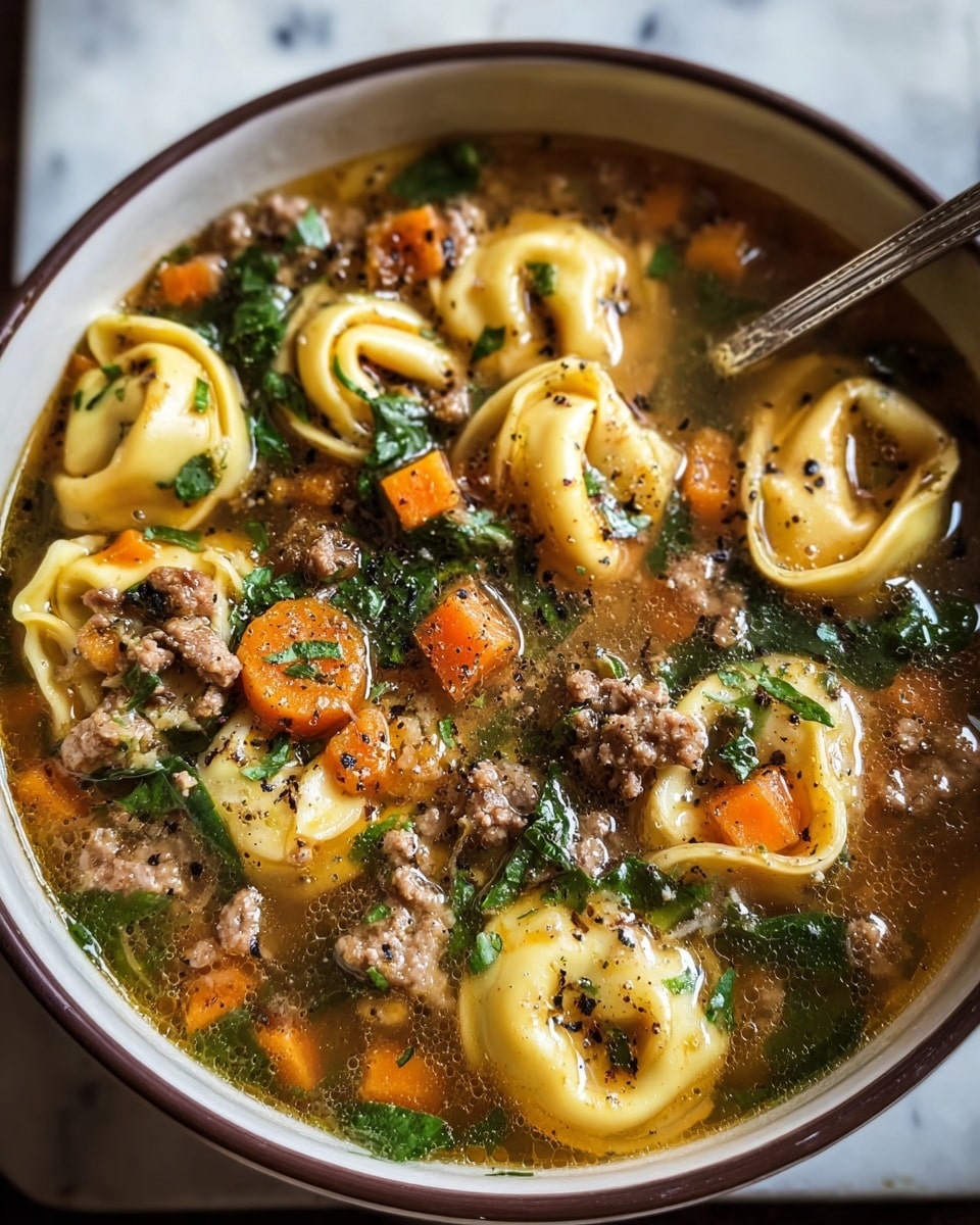 The image shows a bowl of soup with about three layers. The top layer has yellow tortellini pasta with soft, rounded edges and a slightly smooth texture. Scattered around the pasta are small orange carrot cubes and dark green leafy herbs. The middle layer has pieces of browned ground meat that look tender and moist. The bottom layer is a clear, warm broth with a light golden brown color that fills the bowl. The soup is served in a white bowl, placed on a white marbled surface, with a spoon inside the bowl. The entire dish has a fresh and hearty look with specks of black pepper and herbs on top. photo taken with an iphone --ar 4:5 --v 7