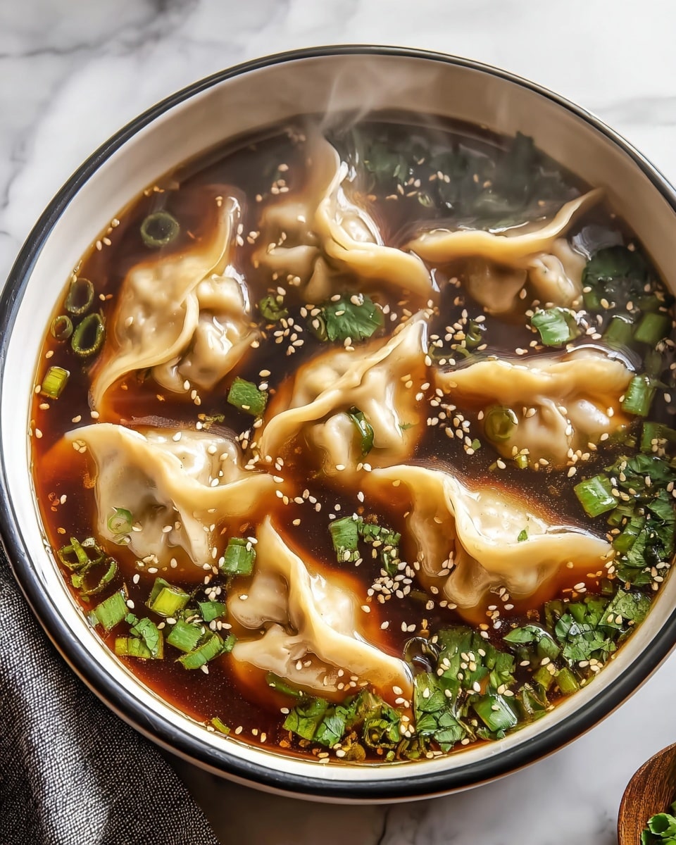 The image shows a bowl of clear soup with eight dumplings floating on top, each dumpling having a smooth, pale beige skin and pleated edges. The dark brown broth fills the bowl, with green chopped herbs and small white sesame seeds scattered across the surface, adding texture and color contrast. The soup is in a white bowl with a thin black rim, set on a white marbled surface with a gray cloth napkin partially visible in the bottom left corner. Steam gently rises from the bowl, giving a fresh, warm feeling. Photo taken with an iphone --ar 4:5 --v 7