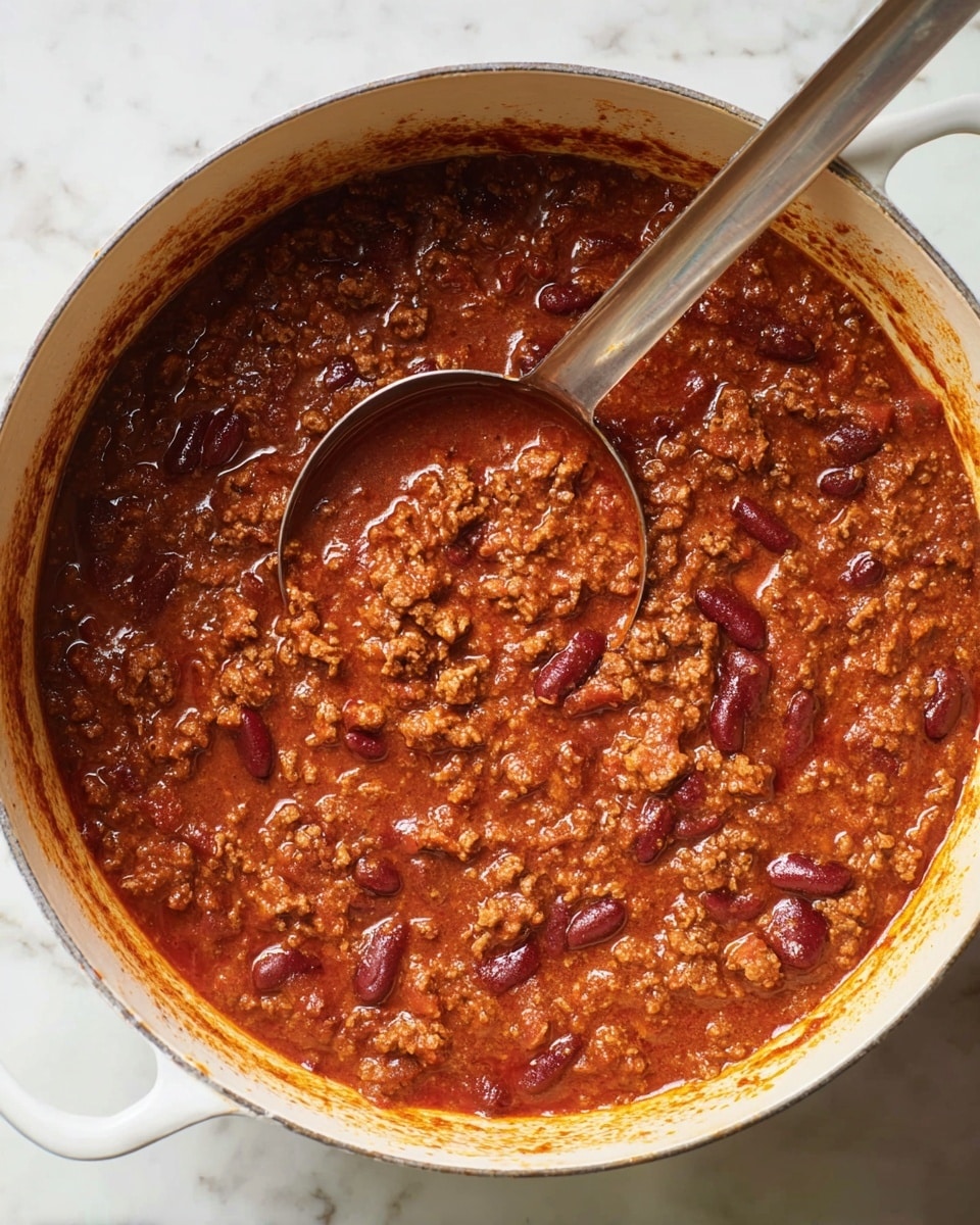 A deep white pot filled with thick chili showing two layers: a rich red-brown sauce with a shiny texture and visible chunks of cooked ground meat mixed with dark red kidney beans distributed evenly throughout the surface. A shiny metal ladle with a long handle dips into the chili on the right side, partially submerged, revealing the dense, hearty texture of the mix. The pot sits on a white marbled surface, with some slight sauce stains near the pot edges, highlighting the warm and comforting appearance of the dish. photo taken with an iphone --ar 4:5 --v 7
