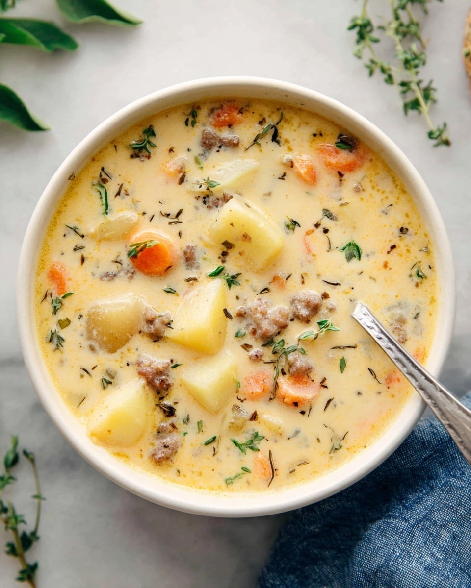 A white bowl filled with creamy soup that has a light yellow color. The soup contains chunks of potatoes in pale yellow, small pieces of orange carrots, bits of browned sausage, and small green herb leaves scattered on top. A silver spoon rests on the right side inside the bowl. The background is a white marbled surface with some green leaves on the upper left side and a blue cloth partially showing at the bottom right corner. photo taken with an iphone --ar 4:5 --v 7