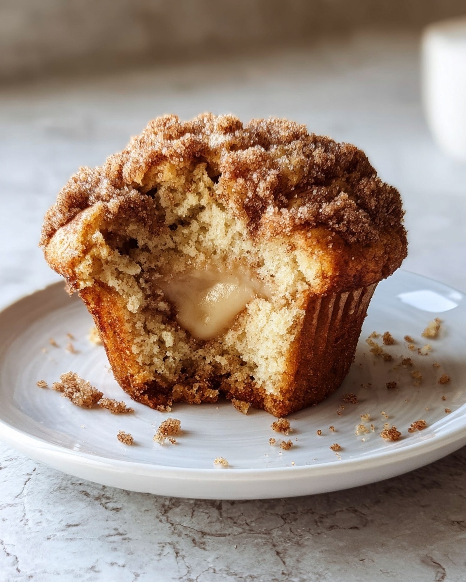 A crumb-topped muffin with a rough and crunchy brown sugar layer sits on a white plate. The muffin has been partially eaten, revealing a soft, light beige inside with a smooth, slightly darker filling at the center. Small crumbs are scattered on the plate around the muffin. The setting is a white marbled surface with soft natural light coming from the side. Photo taken with an iphone --ar 4:5 --v 7