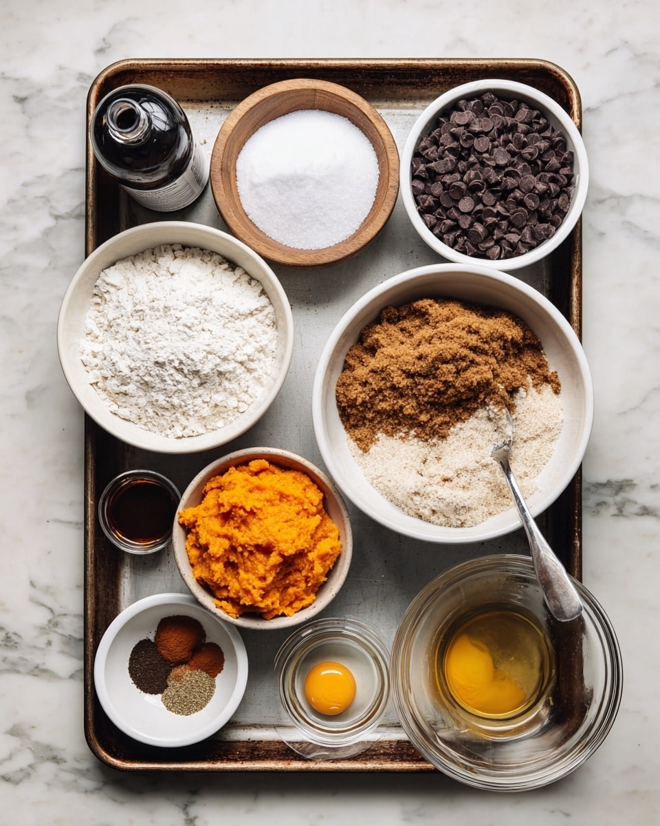 This image shows a baking tray on a white marbled surface with several bowls and containers holding ingredients for a recipe. There is a white bowl filled with white flour on the bottom left. Above it, a white bowl is full of dark chocolate chips. To the right, a large white bowl contains a mix of light brown sugar and granulated white sugar, with the brown sugar taking up the majority of the bowl on one side and the white sugar visible on the other. Above it, a small wooden bowl has fine white salt, and next to it is a dark bottle of vanilla extract. On the far left, an open can displays bright orange pumpkin puree. Below the sugar bowl, a small clear container holds one egg yolk. To the right, there is a glass bowl with melted butter or oil being stirred, visible by the spoon inside. A small, white bowl holds several ground spices in brown and beige tones. All items are placed neatly on the baking tray. Photo taken with an iphone --ar 4:5 --v 7