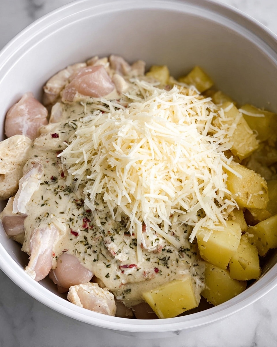 Inside a large white bowl, there are three main layers visible: the bottom layer is made of chopped yellow potatoes with a soft texture, the middle layer includes raw pale pink chicken pieces, and the top layer is a creamy sauce with small green and red herbs mixed in, covering part of the chicken and potatoes. On top of the sauce, there is a generous pile of finely shredded white cheese with a light, fluffy texture. The scene is set on a white marbled surface. Photo taken with an iphone --ar 4:5 --v 7