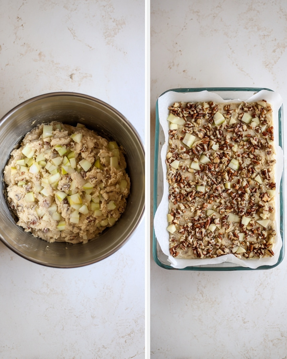 The left side shows a metal mixing bowl on a white marbled surface, filled halfway with a light beige dough mixed with small brown nut pieces and diced pale green apples layered on top. The right side features a square clear glass baking dish lined with white parchment paper, holding the same dough spread flat inside, sprinkled evenly with the brown nut pieces and pale green apple cubes visible throughout the dough layer. Both images present the dough mixture before baking, with textured nut and fruit pieces clearly seen. photo taken with an iphone --ar 4:5 --v 7