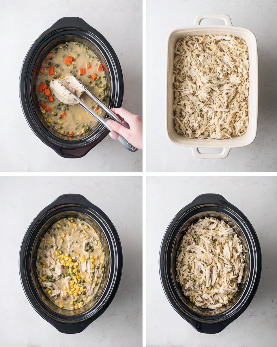 The image shows a cooking process in four steps arranged in a 2x2 grid. The top left shows a black slow cooker with a light creamy mixture of small orange carrot pieces, green beans, corn, and peas with a woman's hand holding silver tongs lifting one piece of white cooked chicken from the slow cooker. The top right shows a white rectangular baking dish filled with shredded white cooked chicken spread evenly. The bottom left shows the slow cooker again, filled with the creamy vegetable mixture combined with shredded chicken, mixing the same colors and textures as before. The bottom right shows the slow cooker filled with the creamy vegetable mixture at the bottom and a layer of shredded chicken piled on top. The whole scene is on a white marbled surface. Photo taken with an iphone --ar 4:5 --v 7