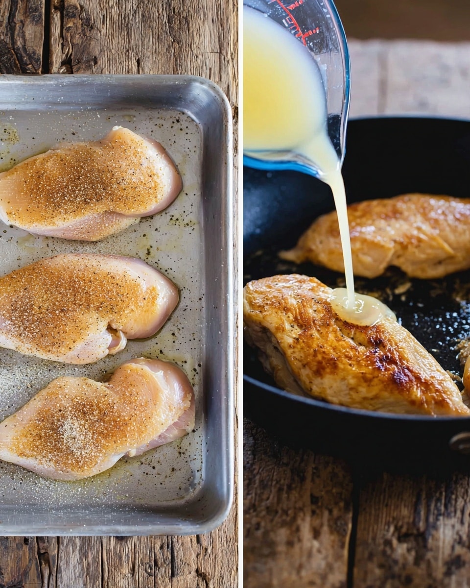 The image shows three vertical sections. The left section features three raw chicken breasts on a metal tray, sprinkled with light brown seasoning, placed on a white marbled textured surface. The middle section captures a clear glass measuring cup with a blue tint, pouring a pale yellow liquid into a black pan below, with the white marbled texture faintly visible. The right section displays four cooked chicken breasts with a golden brown color inside a black pan, which is set on a wooden surface with a rustic worn look. photo taken with an iphone --ar 4:5 --v 7