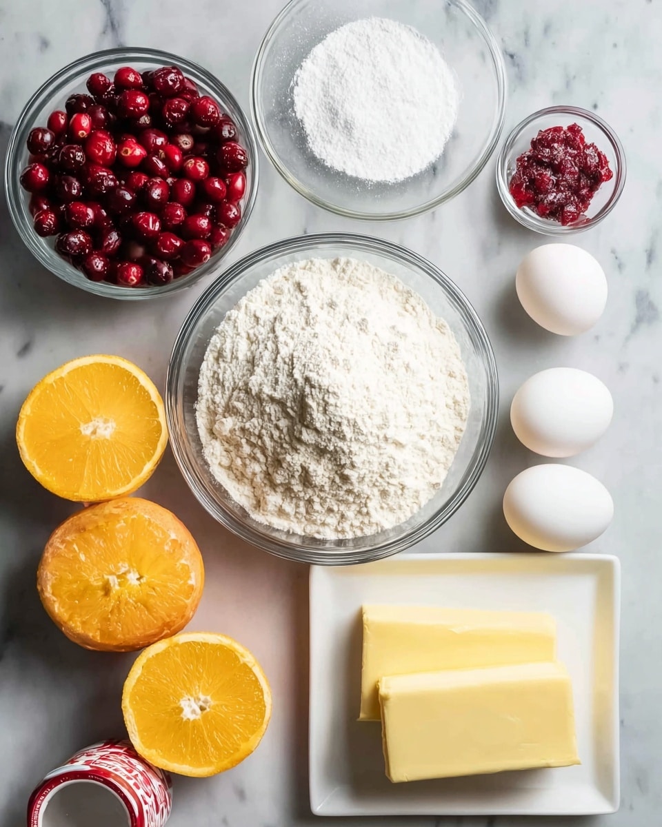 The image shows cooking ingredients arranged on a white marbled surface: a clear glass bowl filled with white flour at the center, a white bowl filled with red cranberries to the top right, a clear glass bowl with white sugar above the flour, two whole white eggs to the right of the flour bowl, two sticks of pale yellow butter on a white rectangular plate at the bottom right, a halved orange with bright orange and yellow flesh on the left, a whole orange below the halves, and a small red and white container at the bottom left. Photo taken with an iphone --ar 4:5 --v 7