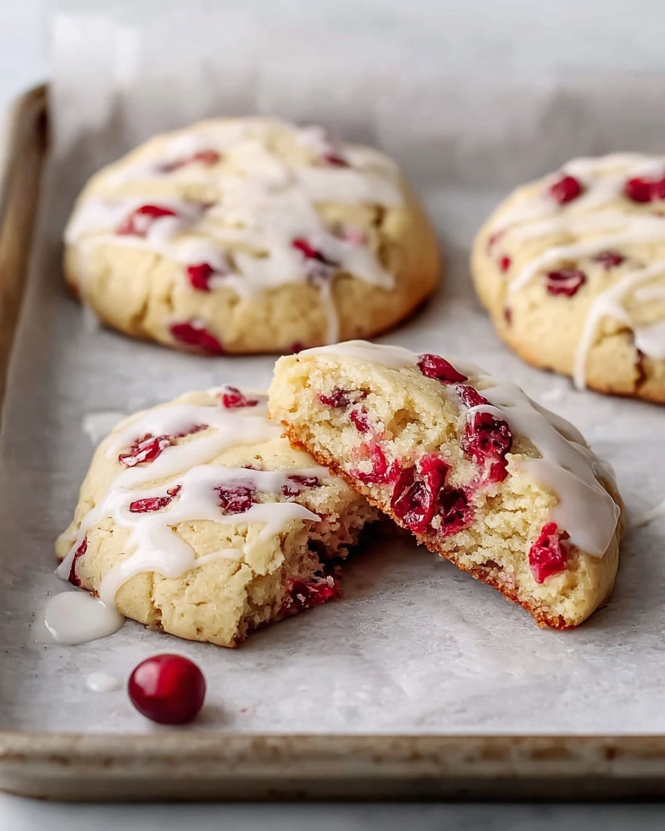 The image shows three soft, thick cookies on a baking tray with parchment paper, set on a white marbled surface. Each cookie is pale golden with a slightly cracked texture and has bright red berry pieces spread throughout. One cookie is broken in half, revealing a moist, dense inside full of these red berries. They are topped with a smooth white glaze that drips gently down the sides in thin, uneven lines. One loose berry lies near the tray on the white marbled surface. Photo taken with an iphone --ar 4:5 --v 7