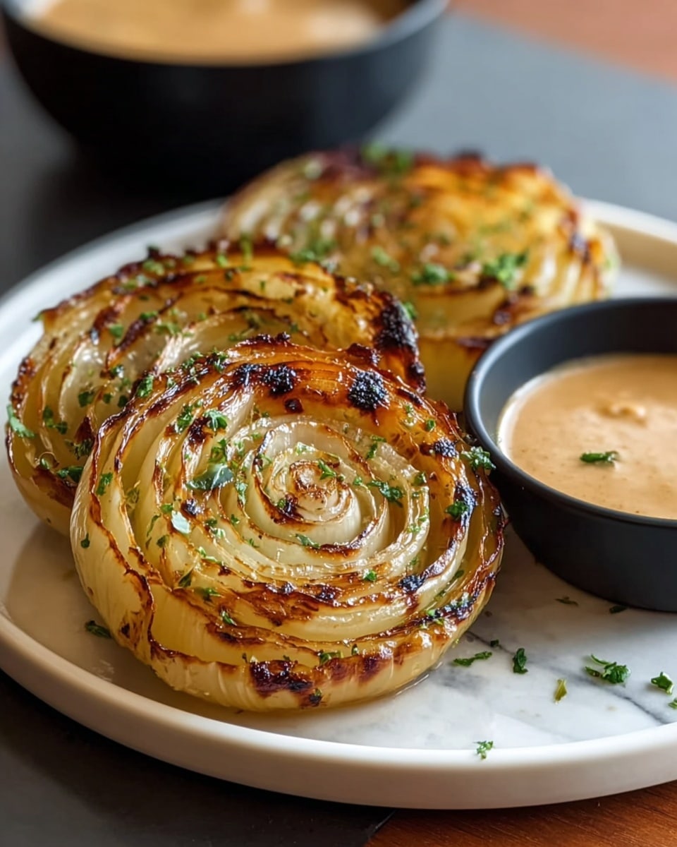 The image shows three thick circular slices of grilled onion stacked slightly on a white plate, each slice with golden-brown char marks and a glossy, slightly translucent texture from caramelization. The onion layers form concentric rings with some green herbs sprinkled on top, giving a fresh contrast to the warm tones. A small black bowl with a creamy, light brown dipping sauce is placed on the plate next to the onion slices. The plate sits on a white marbled surface, with another bowl filled with the same sauce blurred in the background. Photo taken with an iphone --ar 4:5 --v 7