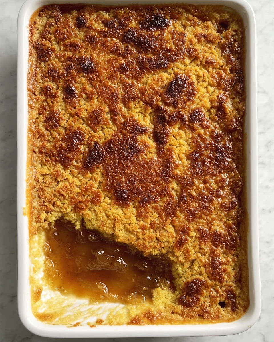 A rectangular white ceramic dish with a thick golden-brown crust covering most of the surface, cracked and textured with a rough, crumbly appearance. The crust has a warm, toasted color with areas showing darker brown spots. One corner of the dish is scooped out, revealing a shiny, soft, amber-colored fruit filling beneath that looks smooth and syrupy. The edges of the crust near the filling appear slightly moist and sticky, blending into the glossy filling. The dish sits on a white marbled surface, and the photo looks like it was taken from above with an iphone --ar 4:5 --v 7