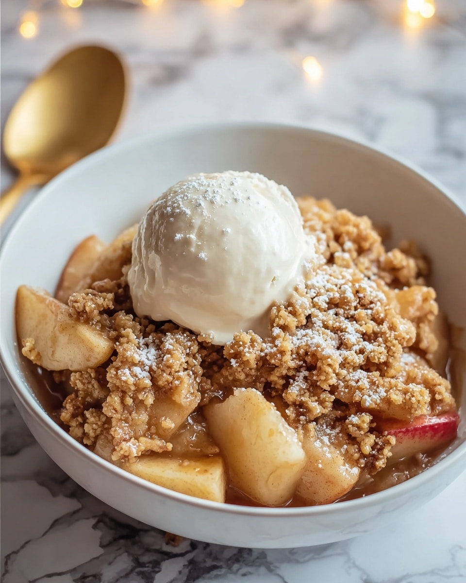 A white bowl filled with a warm dessert showing three main layers: at the bottom, soft cooked apple pieces with light yellow and pale red skin, in the middle, a crumbly golden-brown streusel topping with a slightly rough texture, and on top, a single round scoop of smooth, creamy white vanilla ice cream. The streusel is dusted lightly with powdered sugar, and a light caramel sauce drizzles over parts of the apple and crumbs, giving a glossy look. The bowl is set on a white marbled surface with a golden spoon on the side and soft warm lights blurred in the background photo taken with an iphone --ar 4:5 --v 7