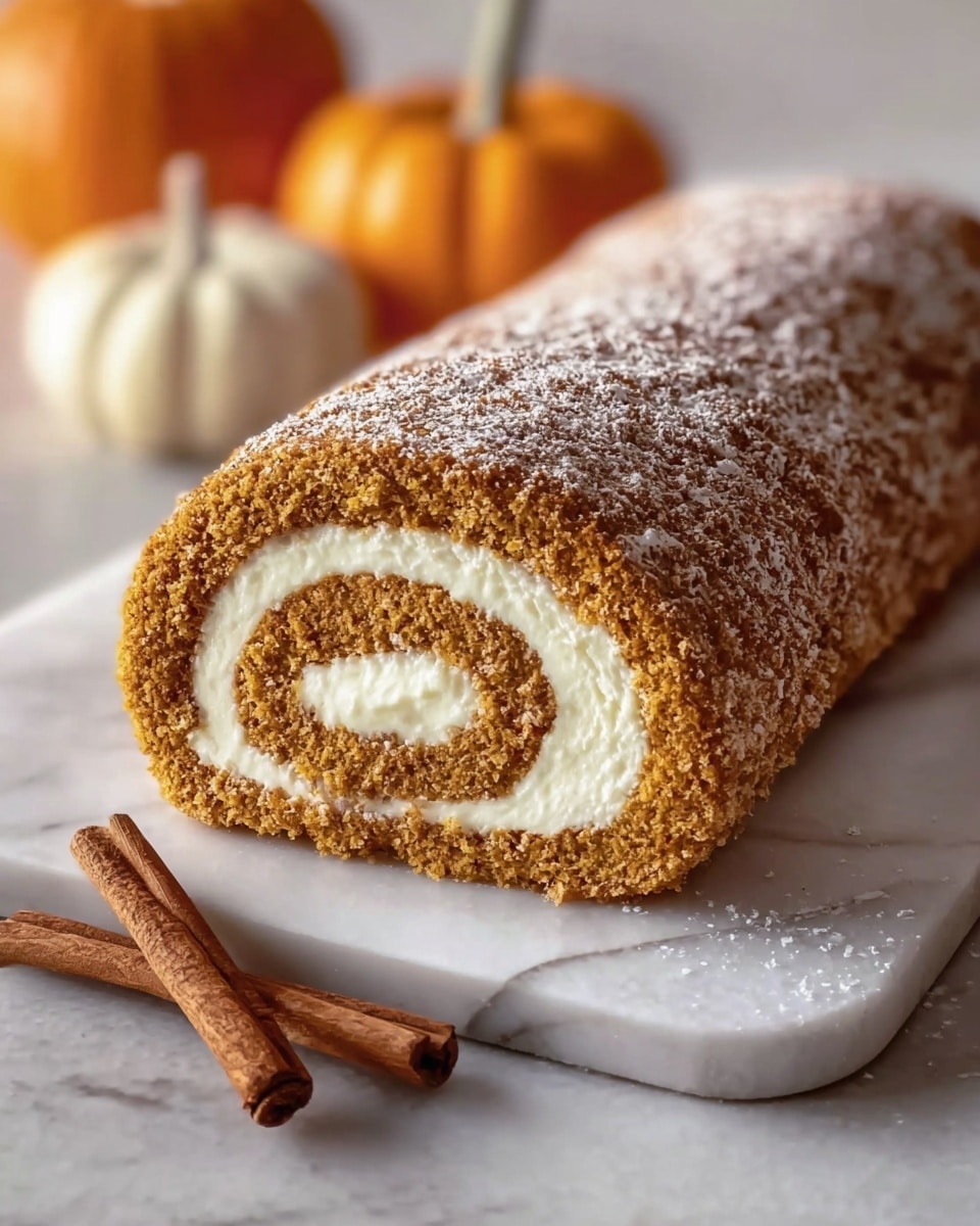 A pumpkin roll cake is shown on a white marbled surface, featuring a single large roll with a light brown, spongy outer layer dusted with powdered sugar. Inside, there is one thick, creamy white layer of filling spiraled evenly through the roll. Two cinnamon sticks lie next to the cake in the foreground, adding a warm, rustic touch. In the blurred background, there are two small pumpkins, one orange and one white, enhancing the cozy, autumn feel of the image. Photo taken with an iphone --ar 4:5 --v 7