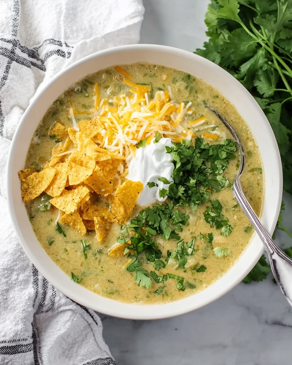 A white bowl filled with creamy green soup that has a slightly chunky texture. On top, there is a layer of broken yellow tortilla chips mostly on one side, a small pile of shredded yellow and white cheese in the center, and a dollop of white sour cream next to the cheese. Fresh green cilantro leaves and chopped cilantro are scattered over the soup and toppings. A silver spoon is placed inside the bowl on the right side. The bowl is on a white marbled surface with a white cloth with gray stripes partially visible on the left and a bunch of fresh cilantro on the right. Photo taken with an iphone --ar 4:5 --v 7