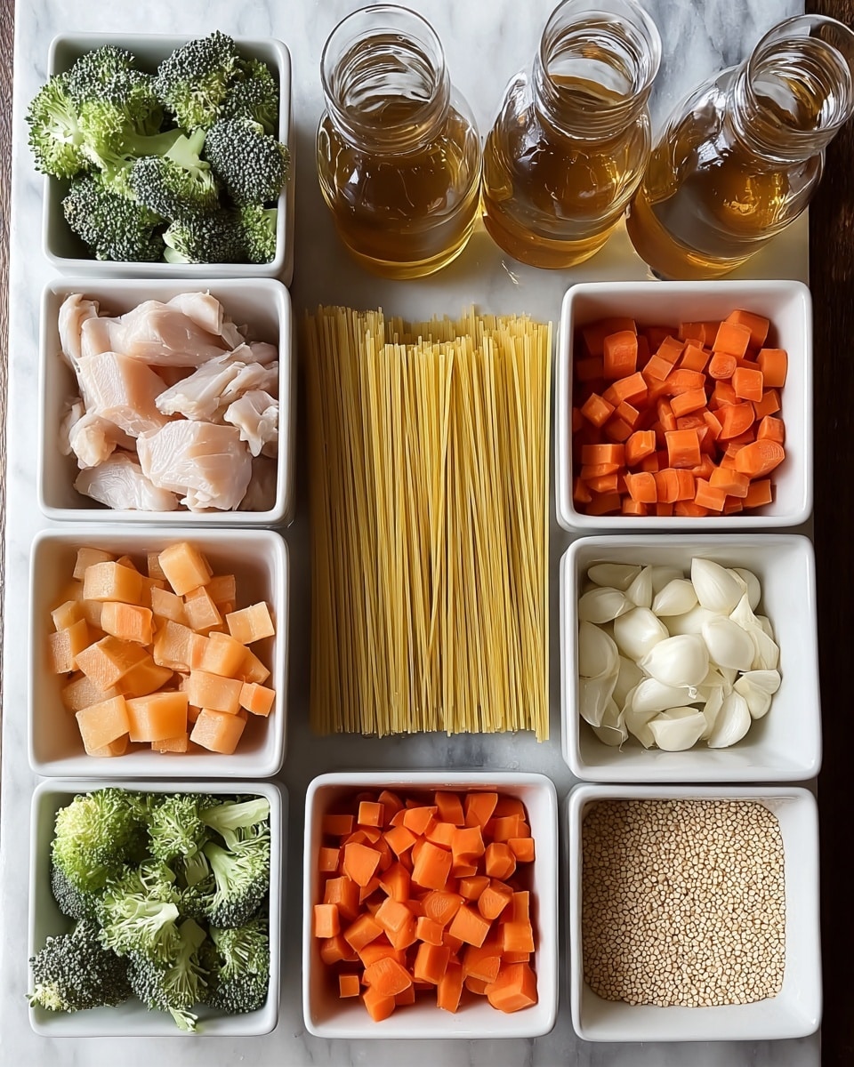 The image shows a set of nine white square bowls arranged neatly on a white marbled surface. The top row has three bowls: the left one is filled with green broccoli florets, the middle and right ones each hold clear glass bottles with golden brown liquid inside. The middle row has three bowls: the left one contains pale slices of cooked chicken, the center one is filled with uncooked thin yellow noodles arranged vertically, and the right one has diced orange carrots. The bottom row features four containers: the left two hold small, cubed orange vegetables, the third bowl contains small white pieces that look like sliced garlic cloves, and the last bowl on the right has uncooked pale yellow grains or seeds. The arrangement is neat and colorful, showing fresh and uncooked ingredients. photo taken with an iphone --ar 4:5 --v 7