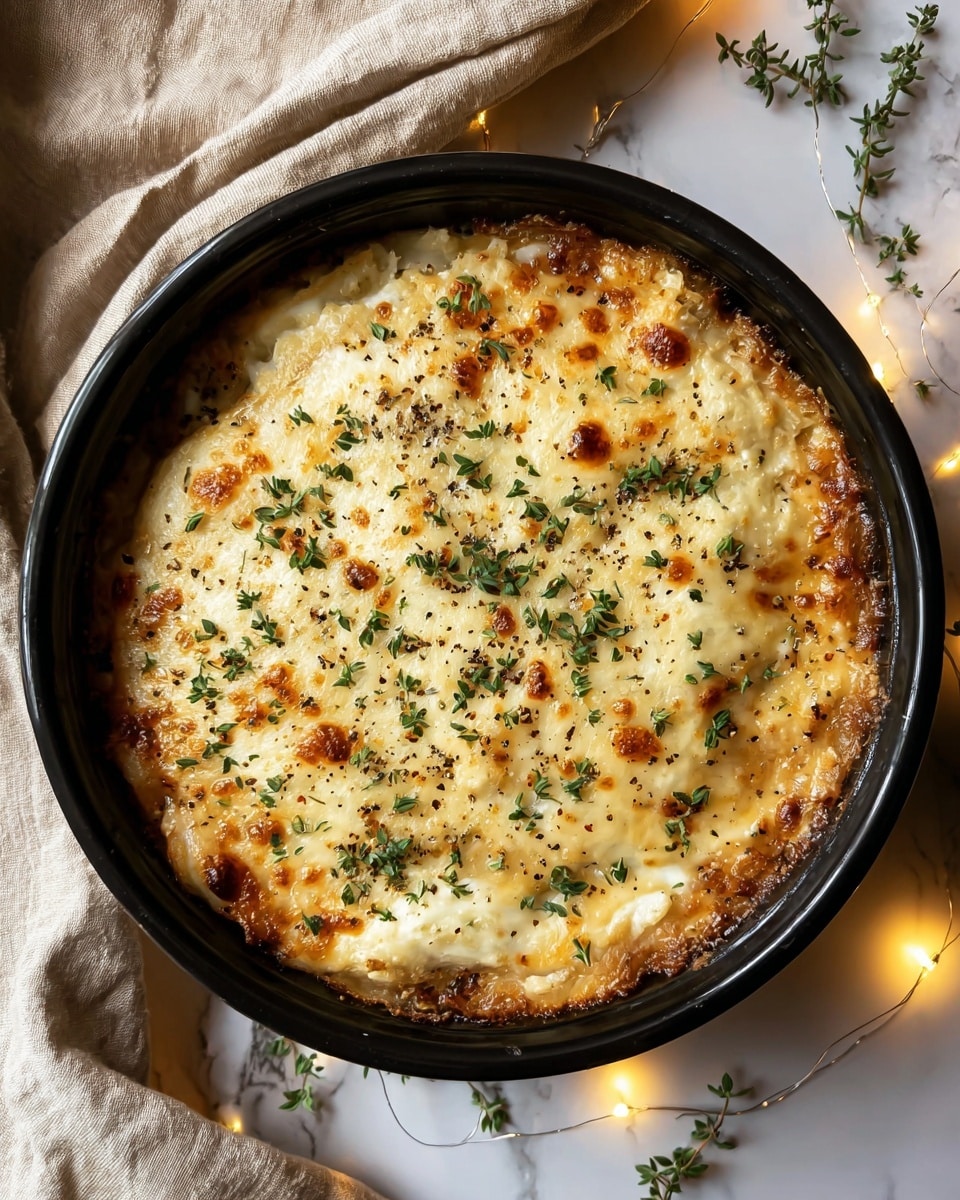 A round black baking dish contains a baked layered casserole placed on a white marbled surface. The top layer is golden brown melted cheese with small browned spots and a slightly bubbly texture, sprinkled with fresh green herbs and a light dusting of black pepper. Underneath the cheese, a creamy, thick mixture is slightly visible around the edges, showing a soft yellowish texture. The dish is framed by a beige cloth and small warm fairy lights on the marbled background, adding a cozy feel. Photo taken with an iphone --ar 4:5 --v 7