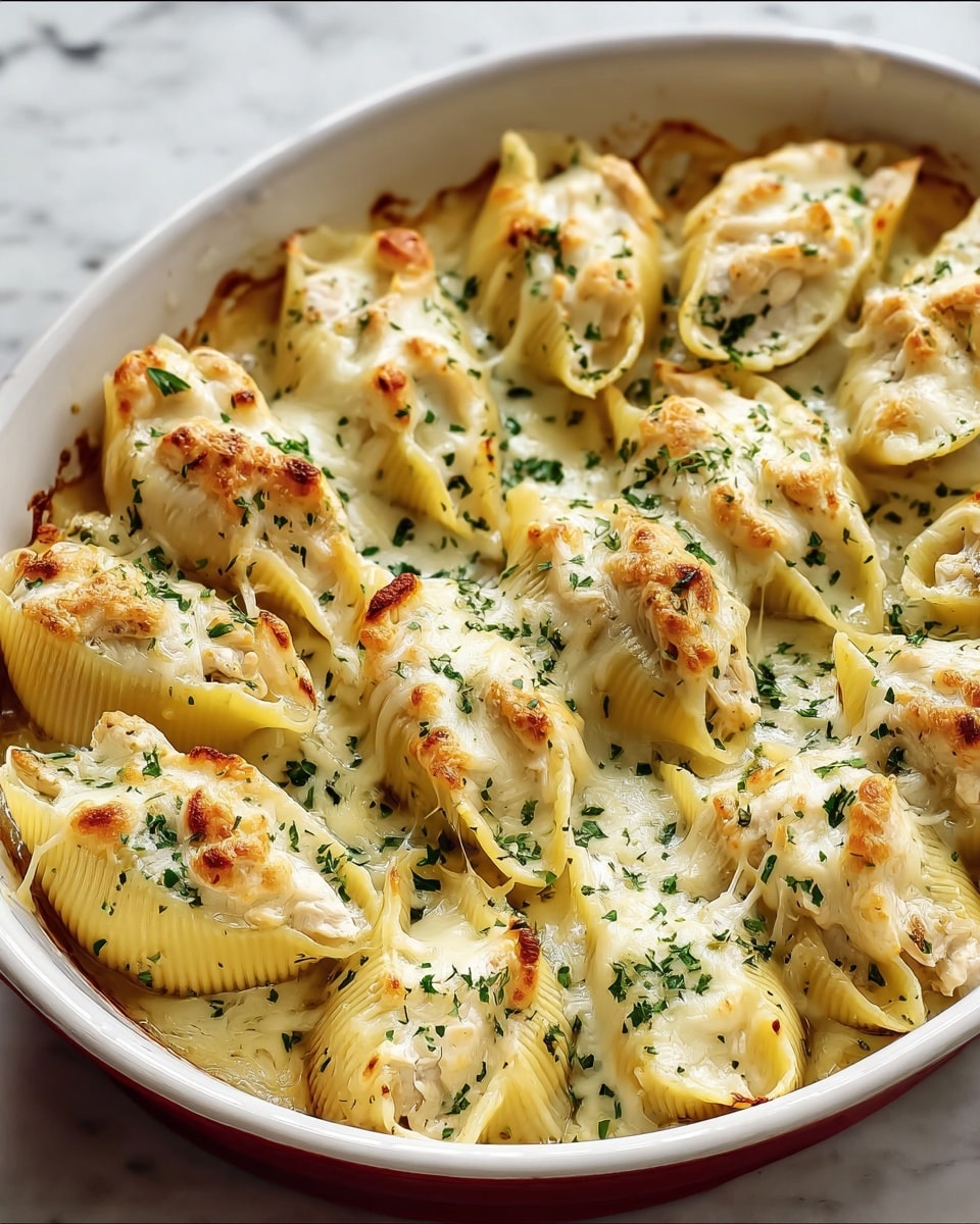 The dish shows a white dish filled with large pasta shells stuffed with creamy, melted cheese. The shells are slightly browned on top with a golden crust and sprinkled with chopped green herbs. A fork lifts one shell, showing cheese stretching in strings. The creamy cheese sauce pools around the shells, creating a rich, smooth texture. The dish is set on a white marbled surface. photo taken with an iphone --ar 4:5 --v 7