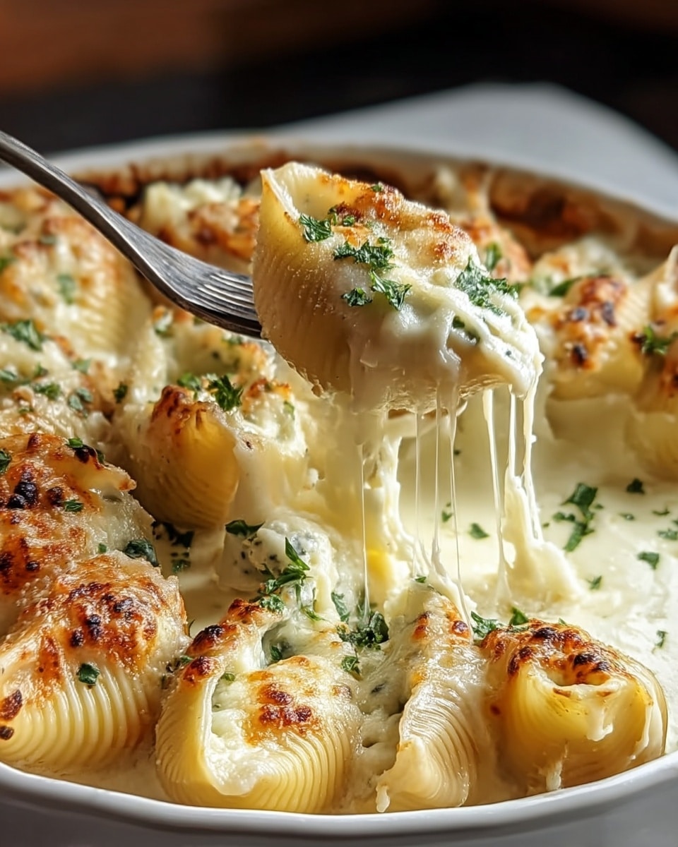 The image shows a white oval baking dish filled with large pasta shells arranged in two rows. Each shell is stuffed with white cooked chicken pieces topped with melted pale yellow cheese that is slightly browned in spots. The dish is garnished with finely chopped green herbs sprinkled evenly over the shells and cheese. The cheese looks creamy and stretches slightly across the shells. The baking dish sits on a white marbled surface, adding a clean and bright look. photo taken with an iphone --ar 4:5 --v 7