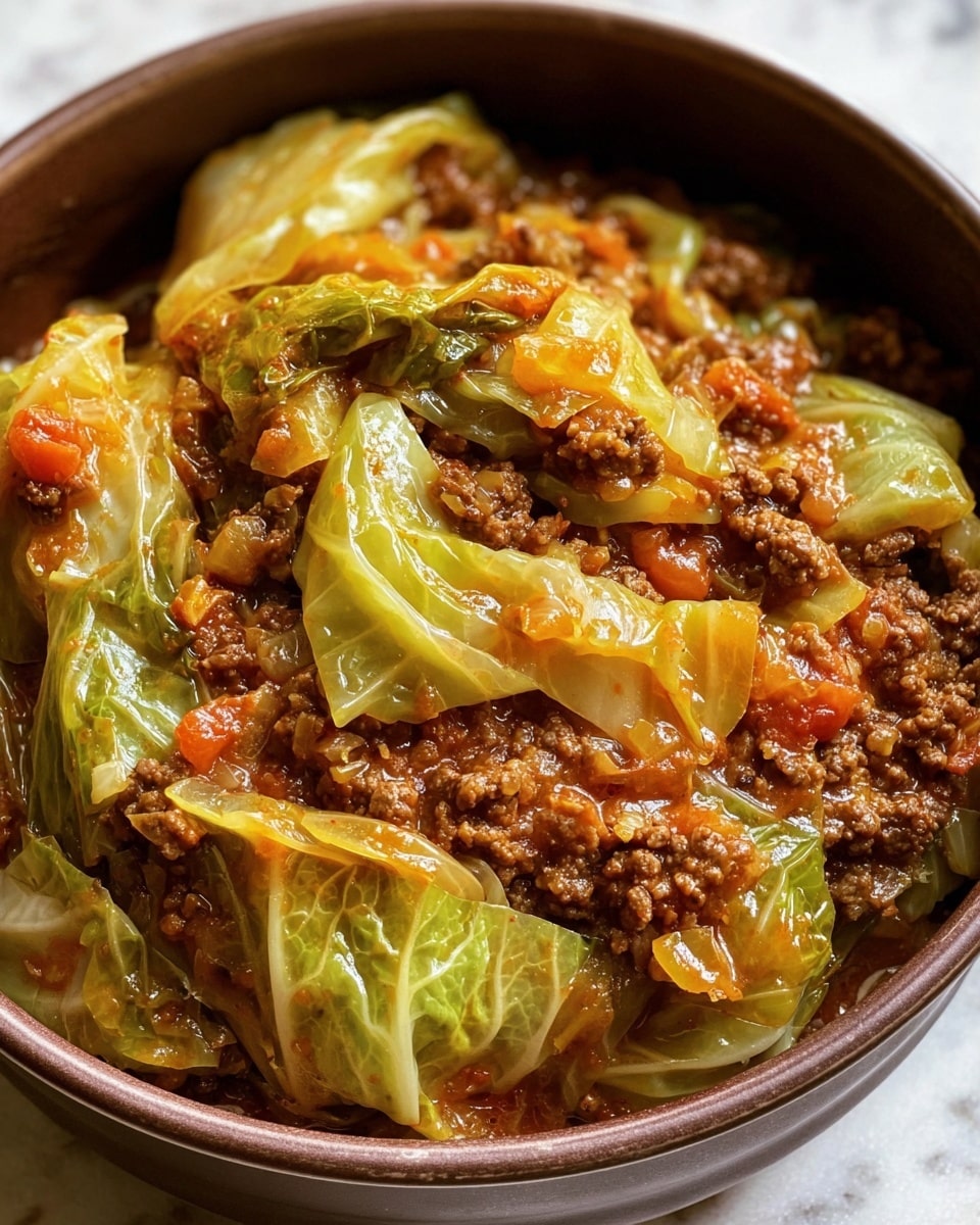 A close-up view of a brown bowl filled with a one-layer dish consisting mainly of cooked ground meat mixed with small chunks of orange tomato sauce and translucent bits of onion. Interspersed throughout are multiple large, glossy, slightly wilted pale green cabbage leaves that add texture and color contrast. The meat mixture has a moist, thick texture, and the cabbage leaves appear soft and coated with sauce. The bowl is placed on a white marbled surface. Photo taken with an iphone --ar 4:5 --v 7