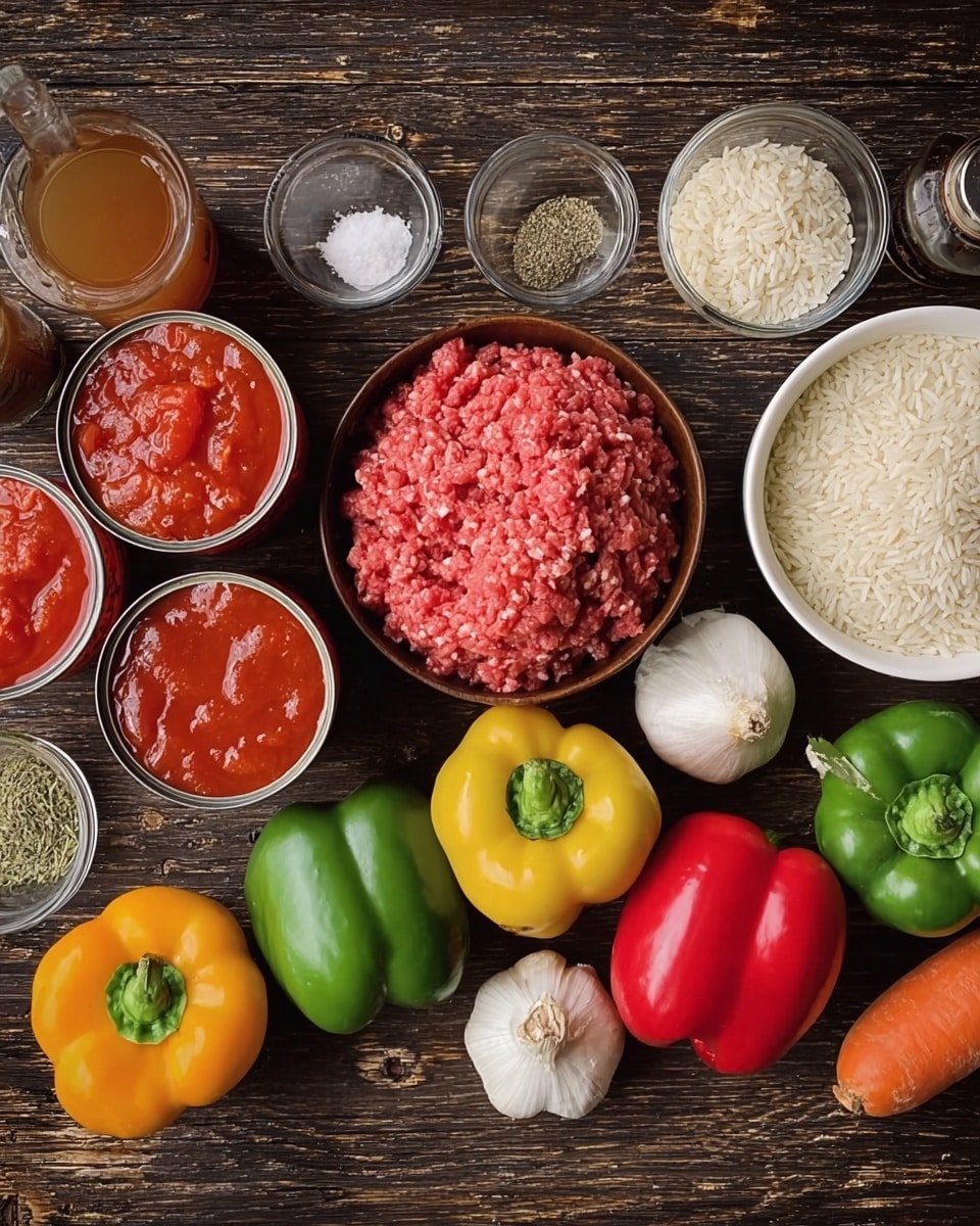 A top-down view shows various fresh ingredients arranged on a dark wooden surface. In the center is a bowl with raw ground meat, featuring a pink and red texture. Around it are five whole bell peppers in green, red, yellow, and orange colors, each showing smooth and glossy skins with visible stems. Two whole heads of garlic with white, papery skins sit nearby. To the left are two open cans filled with smooth red tomato sauce and chunky diced tomatoes. Next to those cans is a white bowl filled with uncooked white rice grains. Small glass containers hold dried oregano and salt. A glass measuring cup with light brown liquid is near the top left, while a bottle of Worcestershire sauce and salt and pepper shakers are placed close to the center. The background is a white marbled texture instead of the dark wooden surface, keeping the objects clear and bright. photo taken with an iphone --ar 4:5 --v 7