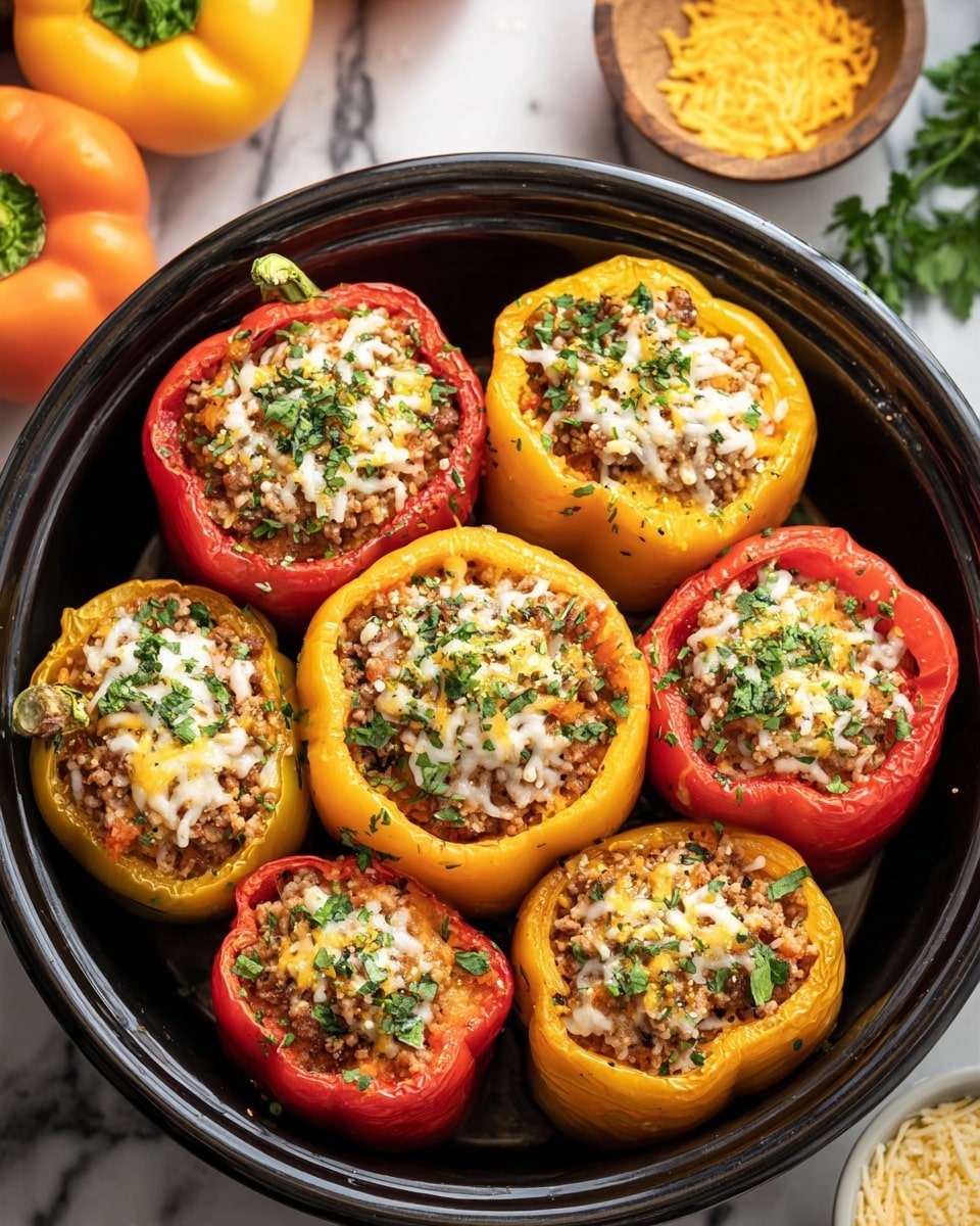 The image shows a round black pot filled with seven stuffed bell peppers placed closely together. The peppers are red and yellow with the tops open, revealing four layers inside: a base layer of cooked ground meat mixed with rice, a middle layer of cheese that is both white and yellow, small bits of green herbs sprinkled on top, and a final sprinkling of grated yellow cheese. The peppers are tightly packed, showing the filling slightly overflowing the tops. The background has a white marbled texture with hints of green and orange bell peppers and a small bowl of grated cheese nearby. Photo taken with an iphone --ar 4:5 --v 7