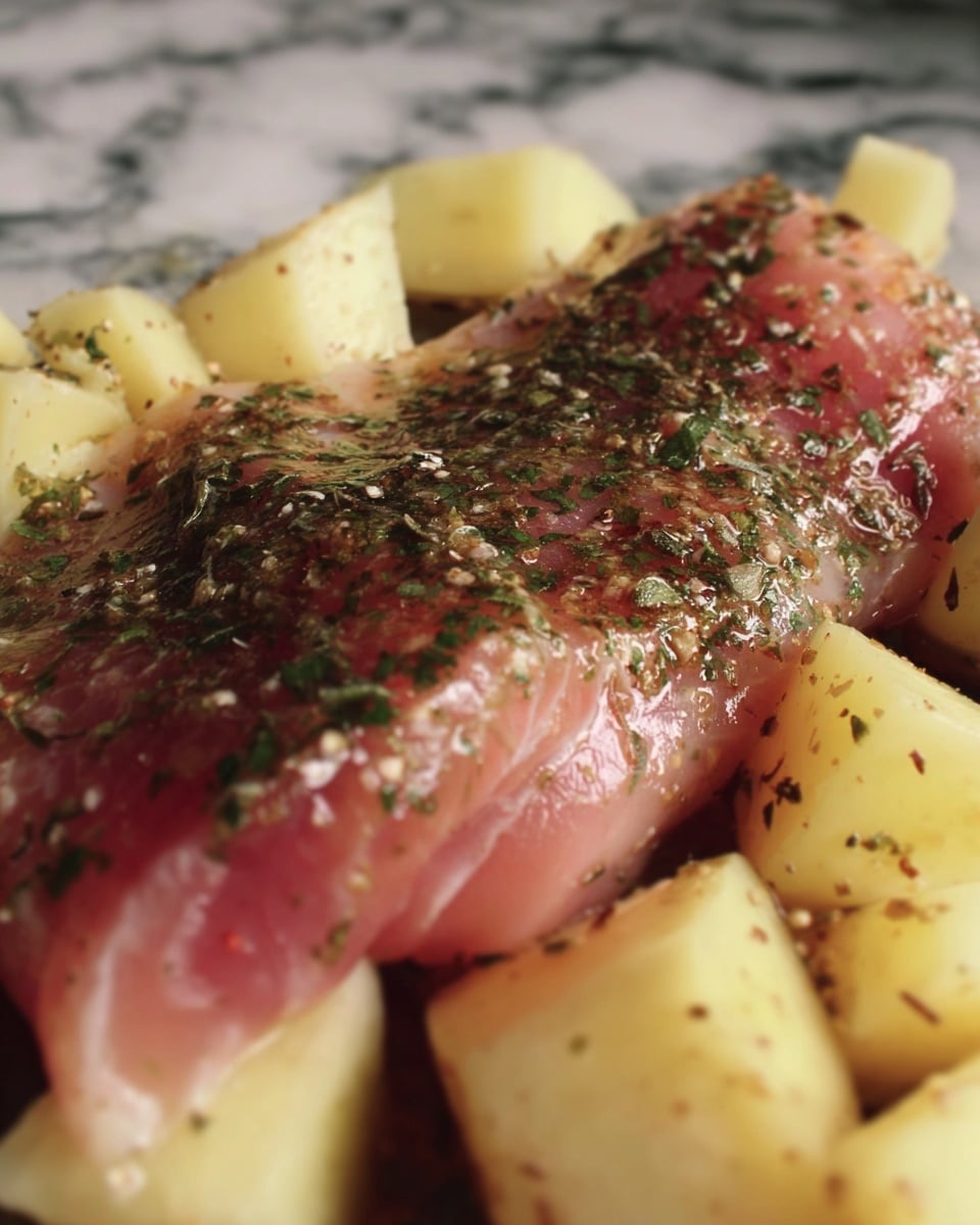 The image shows a close-up view of a raw pink piece of fish fillet covered with green herbs and seasoning. Underneath the fish, there are chunks of light yellow potatoes also sprinkled with herbs and seasoning. The ingredients appear raw and moist, resting together on a white marbled surface. photo taken with an iphone --ar 4:5 --v 7