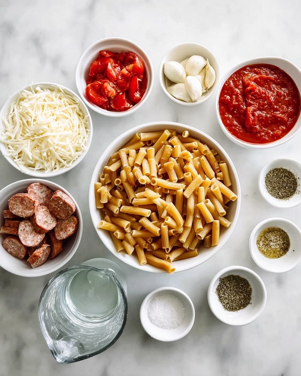 A white bowl in the center is filled with dry rigatoni pasta, light brown in color with smooth texture. Surrounding it are multiple small white bowls and dishes on a white marbled surface: one with a thick and chunky deep red tomato sauce, another with shredded white cheese, a bowl holding raw brown sausage pieces, a bowl of whole peeled white garlic cloves, a dish with small bright red diced tomatoes in sauce, a clear glass measuring jug with water, and several tiny white bowls filled with different dried green herbs and salt. The bowls and dishes are neatly arranged in a circle around the pasta bowl, showing a variety of rich colors and textures. Photo taken with an iphone --ar 4:5 --v 7