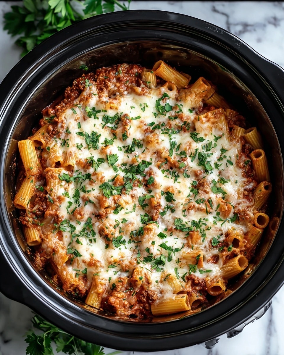 A round black crockpot filled with baked rigatoni pasta in three visible layers: the bottom layer is a thick red tomato sauce with browned ground meat, the middle layer consists of rigatoni pasta tubes coated with sauce, and the top layer is melted white cheese sprinkled with chopped fresh green parsley, slightly browned in spots. The crockpot sits on a white marbled surface, with some green parsley on the side. photo taken with an iphone --ar 4:5 --v 7