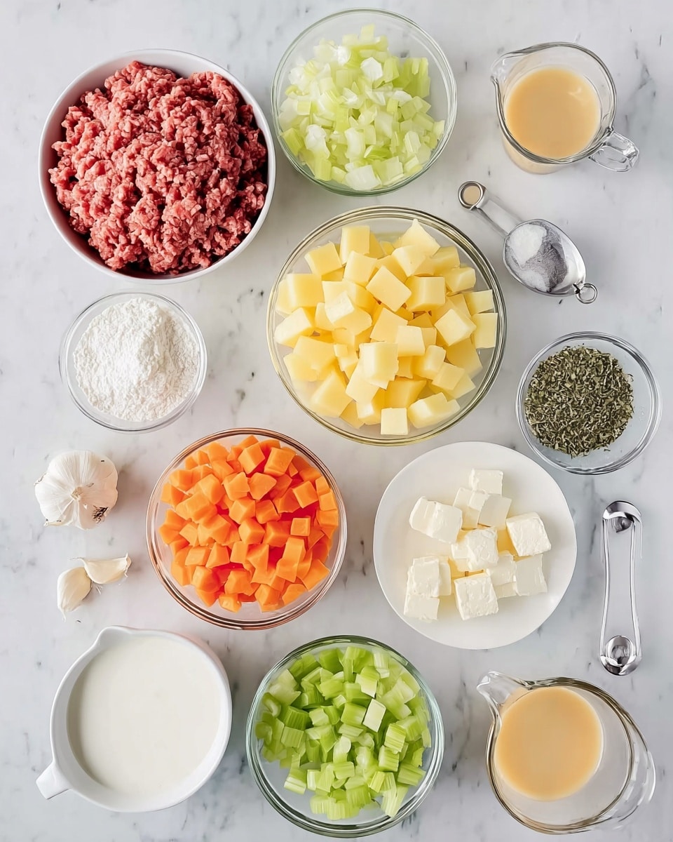The image shows several bowls and containers arranged on a white marbled surface. There are three white bowls: one with raw ground beef with a pinkish-red color, another filled with yellow cubed potatoes, and a smaller one containing chopped onions. Clear glass bowls hold diced orange carrots, chopped green celery, and small cubes of pale yellow butter. A small white plate carries dried green herbs, two garlic cloves, black pepper, and white salt. There is a small glass container with flour, a metal measuring cup with white sour cream, and clear glass measuring cups filled with light brown broth and white cream. The items are neatly spaced, showing a variety of raw ingredients. Photo taken with an iphone --ar 4:5 --v 7