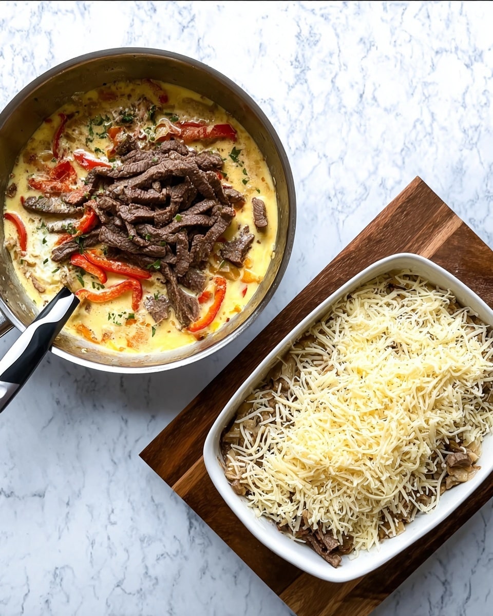 The first image shows a silver pan placed on a wooden board over a white marbled surface. Inside the pan, the bottom layer consists of yellow sauce with a creamy texture, scattered red bell pepper slices and green herbs. On top of the sauce, there is a layer of cooked brown beef strips arranged unevenly, covering part of the sauce. A spoon with a black and white handle rests inside the pan to the left side. The second image shows a white casserole dish on a wooden board over the same white marbled surface. The dish is filled with a base layer of cooked brown beef strips. On top of the beef is a thick layer of shredded light yellow cheese, evenly spread to cover the beef completely. photo taken with an iphone --ar 4:5 --v 7