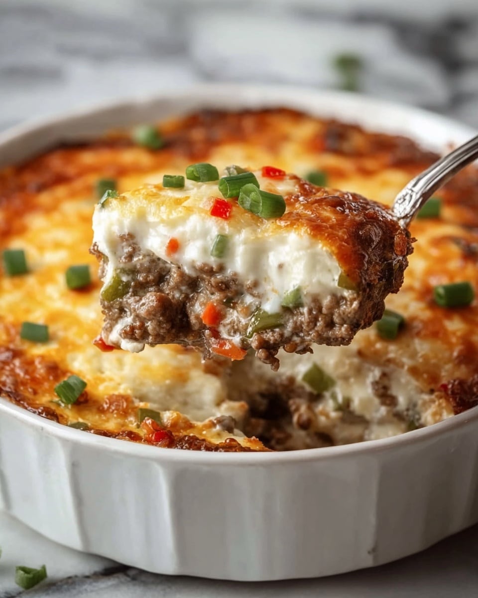 A white round dish filled with a layered casserole. The bottom layer has small pieces of cooked ground meat mixed with tiny green and red pepper bits. On top of this is a thick layer of creamy white cheese, melted and slightly browned on top with a golden crust. There are small chopped green onions sprinkled over the cheese layer. A silver spoon is lifting a piece of the casserole showing the two main layers inside. The background is a white marbled texture. Photo taken with an iphone --ar 4:5 --v 7