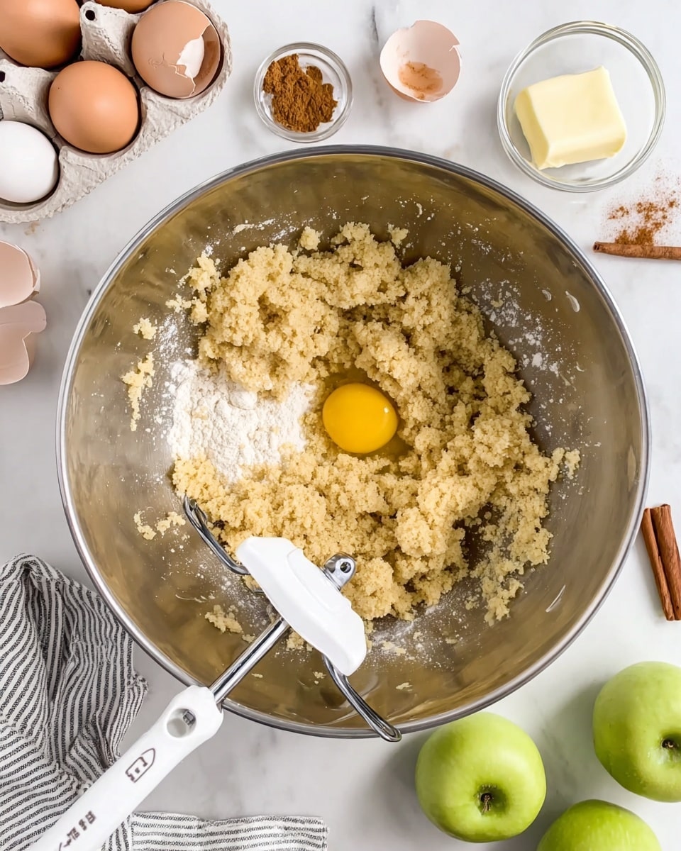 A top-down view of a large silver metal mixing bowl filled with crumbly light brown dough mixed with a single raw yellow egg yolk sitting in the center. A white plastic dough blade is resting inside the bowl, partly covered in dough. Around the bowl on a white marbled surface are two green apples at the bottom right, a small clear glass bowl with a stick of butter at the top, two cinnamon sticks, a white dish with brown spice, and a striped kitchen towel on the left side under the bowl. An egg carton with white eggs and cracked eggshells rests at the top left. Photo taken with an iphone --ar 4:5 --v 7