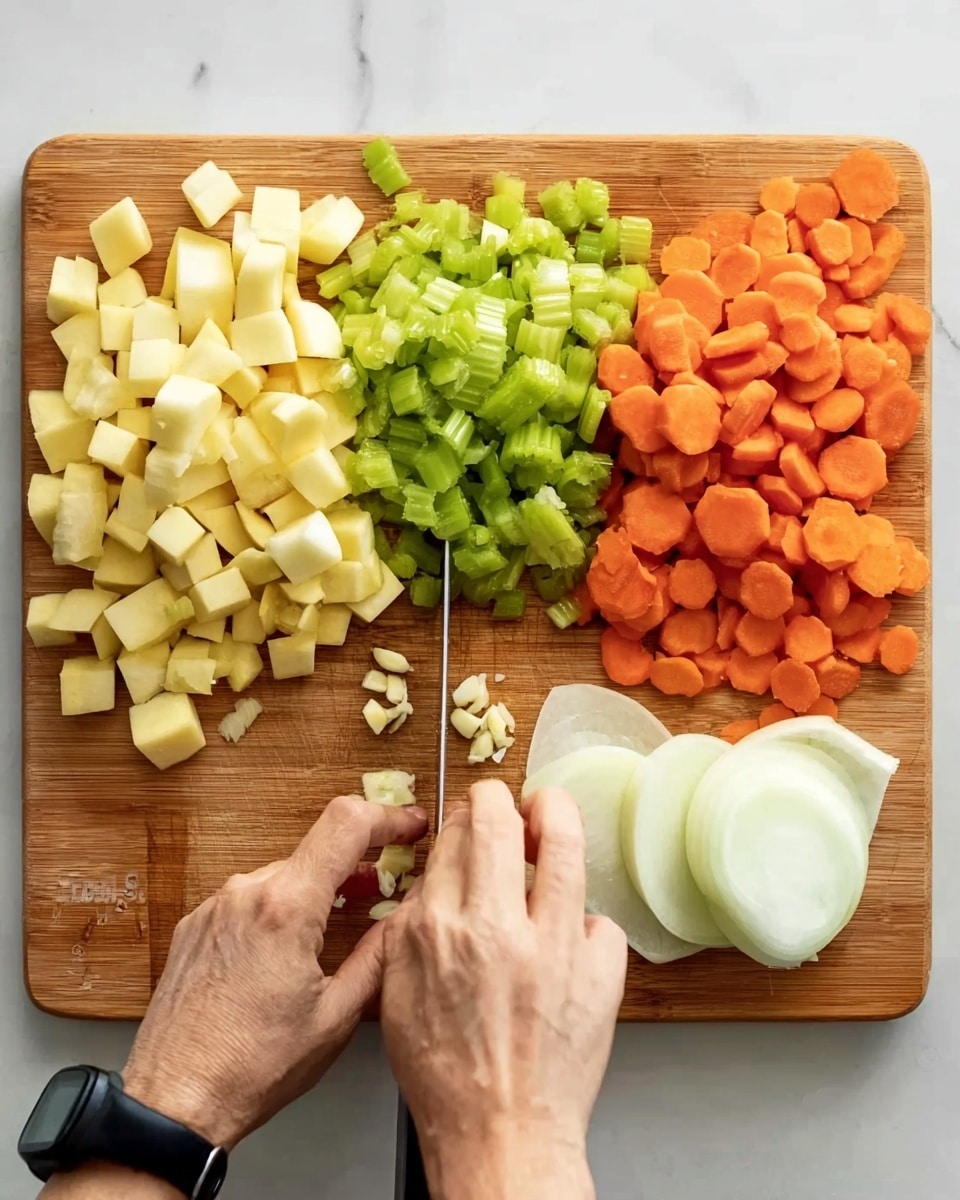 A wooden cutting board is filled with four groups of fresh chopped vegetables arranged side by side: pale yellow pieces of squash on the left, bright green sliced celery in the middle-left, round orange carrot slices in the middle-right, and a halved white onion on the right. A woman's left hand is visible on the board near the chopped squash, while her right hand holds a knife chopping small pieces of garlic near the bottom center of the board. The background shows a white marbled texture photo taken with an iphone --ar 4:5 --v 7