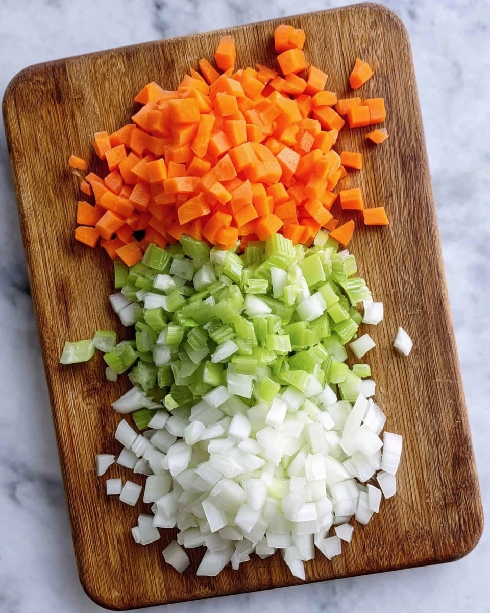 A wooden cutting board holds three separate piles of small chopped vegetables arranged from top to bottom: bright orange carrot cubes at the top, light green celery pieces in the middle, and white onion chunks at the bottom. The board is placed on a white marbled surface, showing a clear and clean chopping scene with sharp, distinct colors and textures of the vegetables. photo taken with an iphone --ar 4:5 --v 7