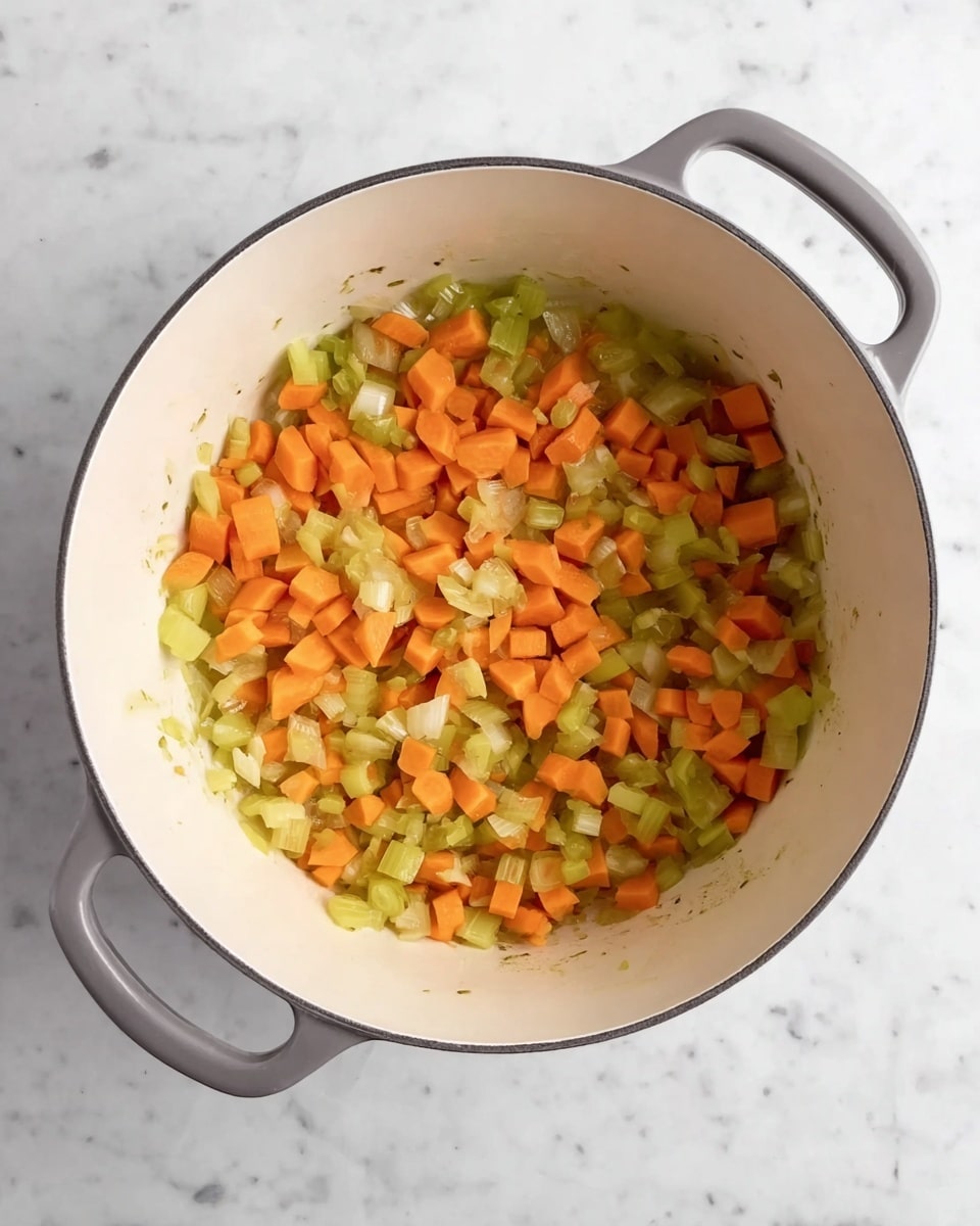 A white pot with two gray handles sits on a white marbled surface. Inside the pot, there is a mix of diced orange carrots and chopped pale green celery pieces, along with small bits of translucent onion. The vegetables are spread evenly at the bottom of the pot, showing a soft texture and light cooking. Some pieces cling slightly to the pot's inner sides. The photo was taken with an iphone --ar 4:5 --v 7