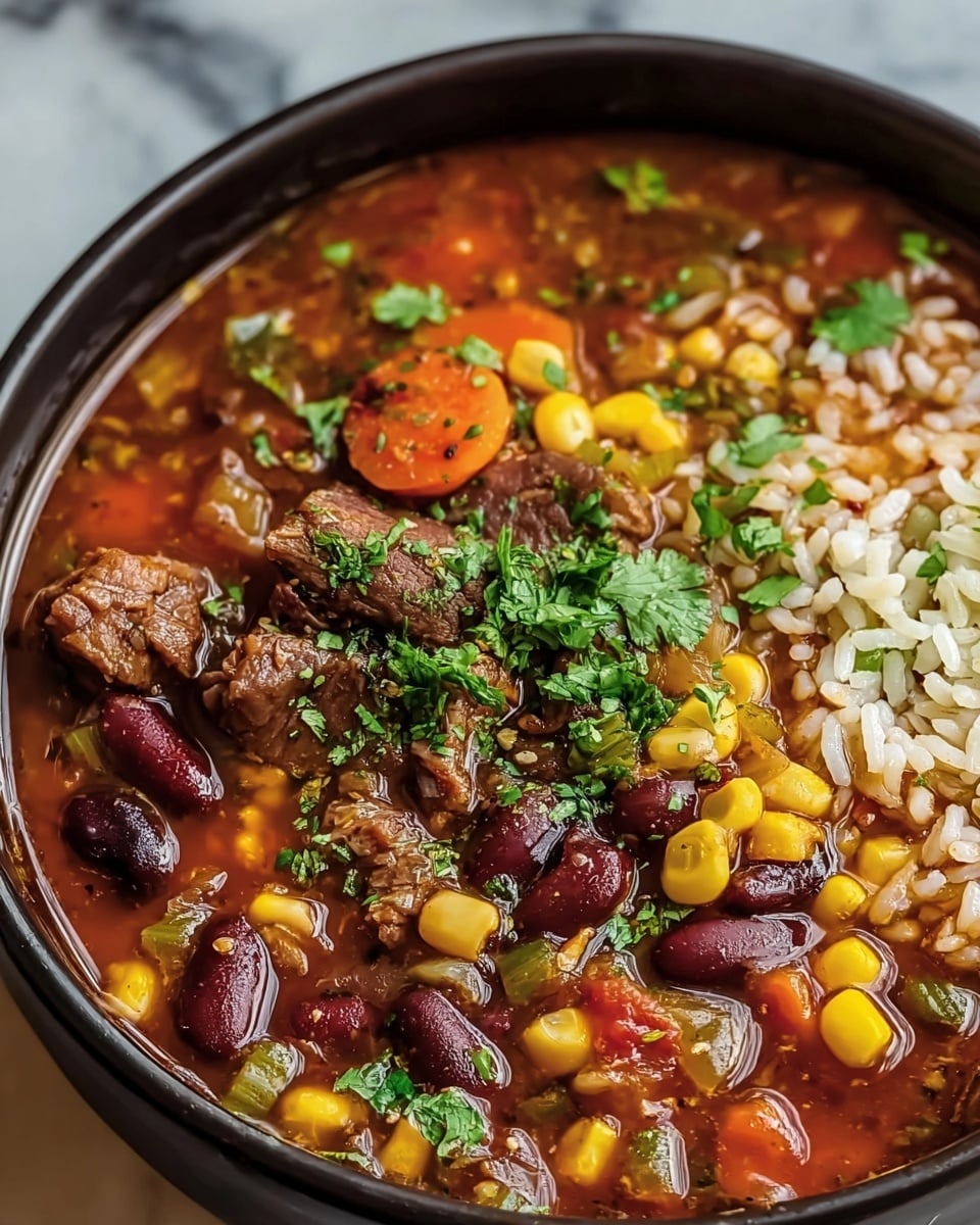 A close-up view of a black bowl filled with thick soup containing visible layers of ingredients. The top layer shows chunks of brown meat sprinkled with chopped green herbs. Surrounding the meat are vibrant orange carrot slices, yellow corn kernels, dark red kidney beans, white rice grains, and small green vegetable bits, all mixed in a rich, reddish-brown broth. There are also scattered cilantro leaves adding a fresh green touch. The soup looks hearty and colorful with a mix of textures from the meat, rice, and vegetables. The bowl is placed on a white marbled surface. photo taken with an iphone --ar 4:5 --v 7