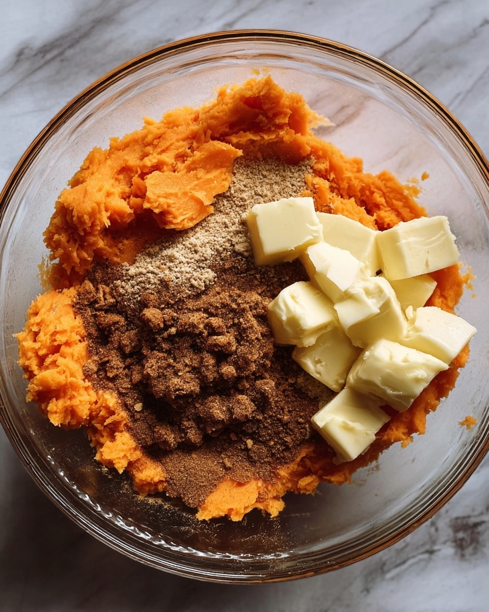 A clear glass bowl on a white marbled surface holds a mix with three layers: the base is bright orange mashed sweet potatoes with a soft, slightly chunky texture, in the center sits a pile of brown cinnamon and nutmeg powder with a grainy look, and on the right side are several chunks of pale yellow butter, smooth and firm. Photo taken with an iphone --ar 4:5 --v 7