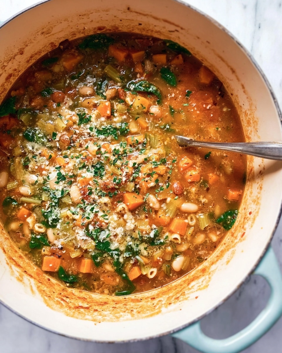 A white round pot with blue handles holds a thick stew with multiple layers visible: a chunky base of red tomato sauce mixed with small diced carrots, light beige beans, and pieces of green spinach leaves spread throughout. The surface is sprinkled with a light dusting of grated cheese and finely chopped parsley, giving a speckled light green and white texture. A silver spoon with a blue-dotted handle rests inside the pot, partially submerged in the stew. Nearby are small white ramekins, one holding chopped green herbs and another with a mixture of salt and pepper, all placed on a white marbled surface. Photo taken with an iphone --ar 4:5 --v 7