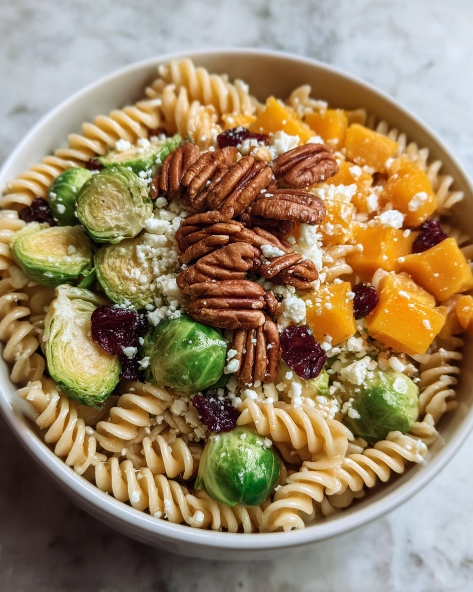 The image shows a bowl filled with rotini pasta at the base, light beige in color and twisted in shape. On top, there are bright green Brussels sprout halves, scattered orange chunks of butternut squash, and whole pecans placed evenly around the bowl. There are also small red dried cranberries and white crumbled cheese sprinkled throughout, adding specks of color contrast. The bowl is white and sits on a white marbled surface. The textures range from the smooth, soft pasta to the crunchy nuts and slightly rough cheese. photo taken with an iphone --ar 4:5 --v 7