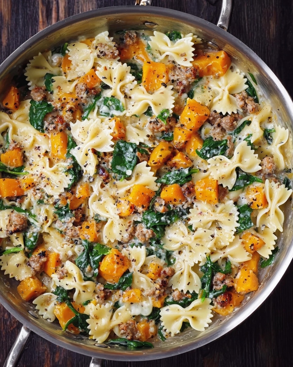 The image shows a large metal pan filled with cooked bowtie pasta that is cream-colored and smooth in texture. Mixed throughout the pasta are small, bright orange cubes of roasted butternut squash, adding a bold color contrast. There are also small pieces of browned sausage scattered evenly, giving a textured, crumbly appearance. Dark green spinach leaves are stirred into the dish, adding a fresh leafy layer. The dish is topped with a sprinkling of black pepper and looks creamy with small bits of melted cheese or sauce binding all ingredients together. The pan sits on a dark wooden surface. photo taken with an iphone --ar 4:5 --v 7