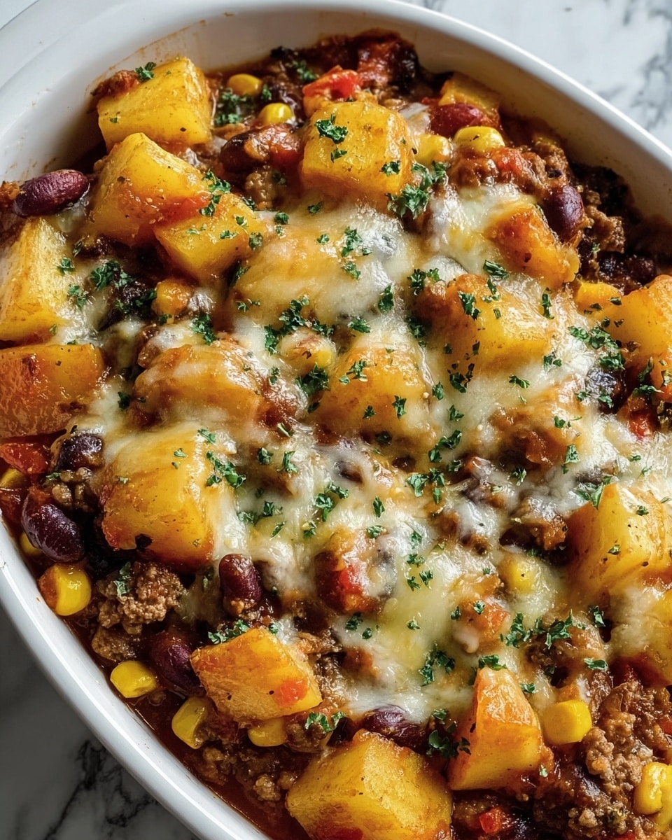 The image shows a close-up of a black rectangular container filled with a layered dish. The bottom layer is a mix of cooked ground meat and beans, scattered evenly around the container. On top of this is a layer of yellow potato pieces, cut into chunks, spread widely throughout the dish. Then, a melted cheese layer with white and orange colors covers the middle area, blending with small bits of meat. The entire dish is garnished with small green herb pieces sprinkled on top. The container is placed on a wooden surface with part of a gray cloth visible at the side. photo taken with an iphone --ar 4:5 --v 7
