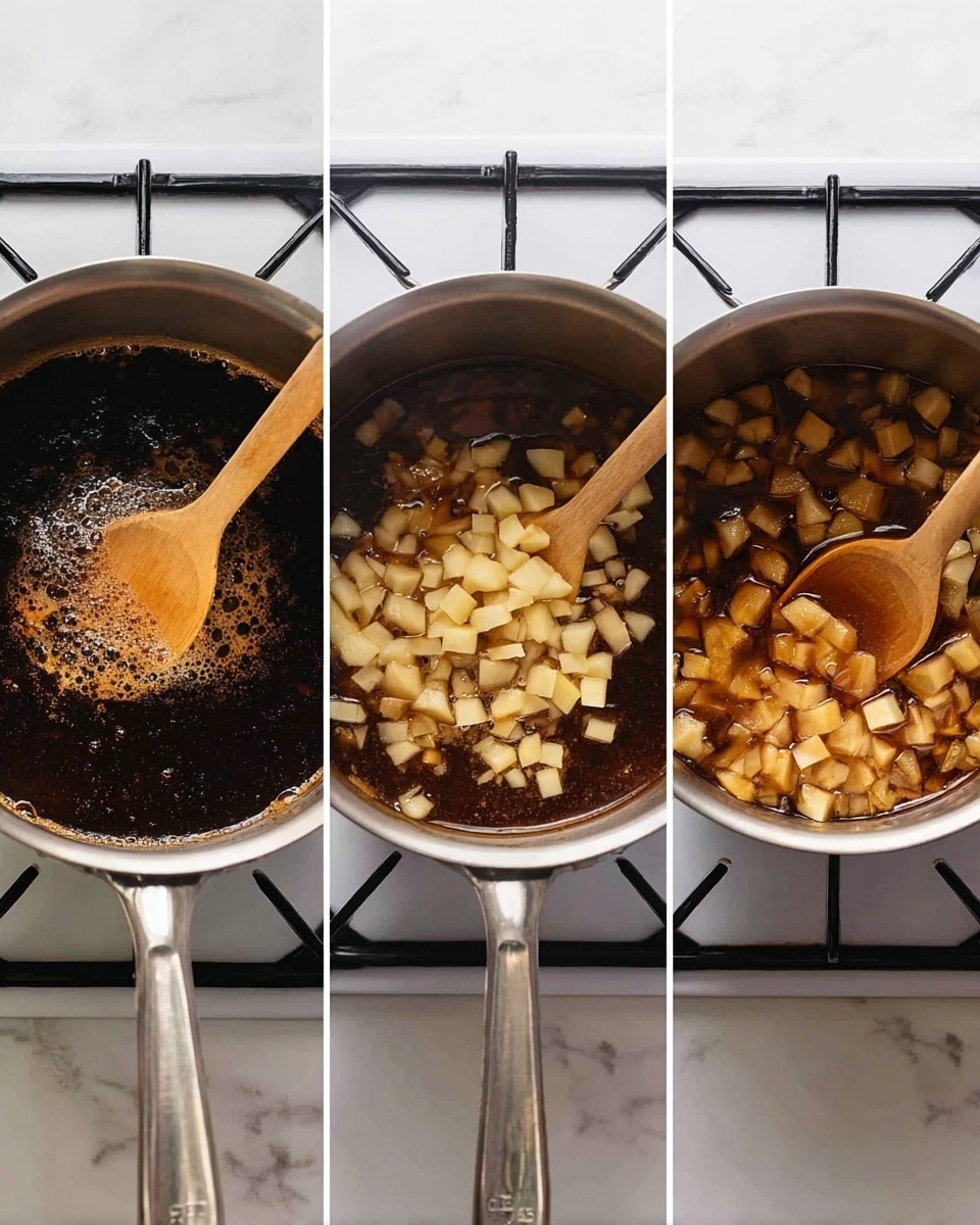 The image shows a three-step cooking process in a silver pot on a stove with black grates, all on a white marbled texture. The first step shows a dark brown liquid with light foam on top, being stirred with a wooden spoon. The second step adds a layer of small, pale yellow diced pieces in the pot, partially mixed into the dark liquid with the wooden spoon. The third step shows the diced pieces fully mixed, now a light brown color, submerged in the same dark liquid, with the spoon slightly lifting some pieces. photo taken with an iphone --ar 4:5 --v 7