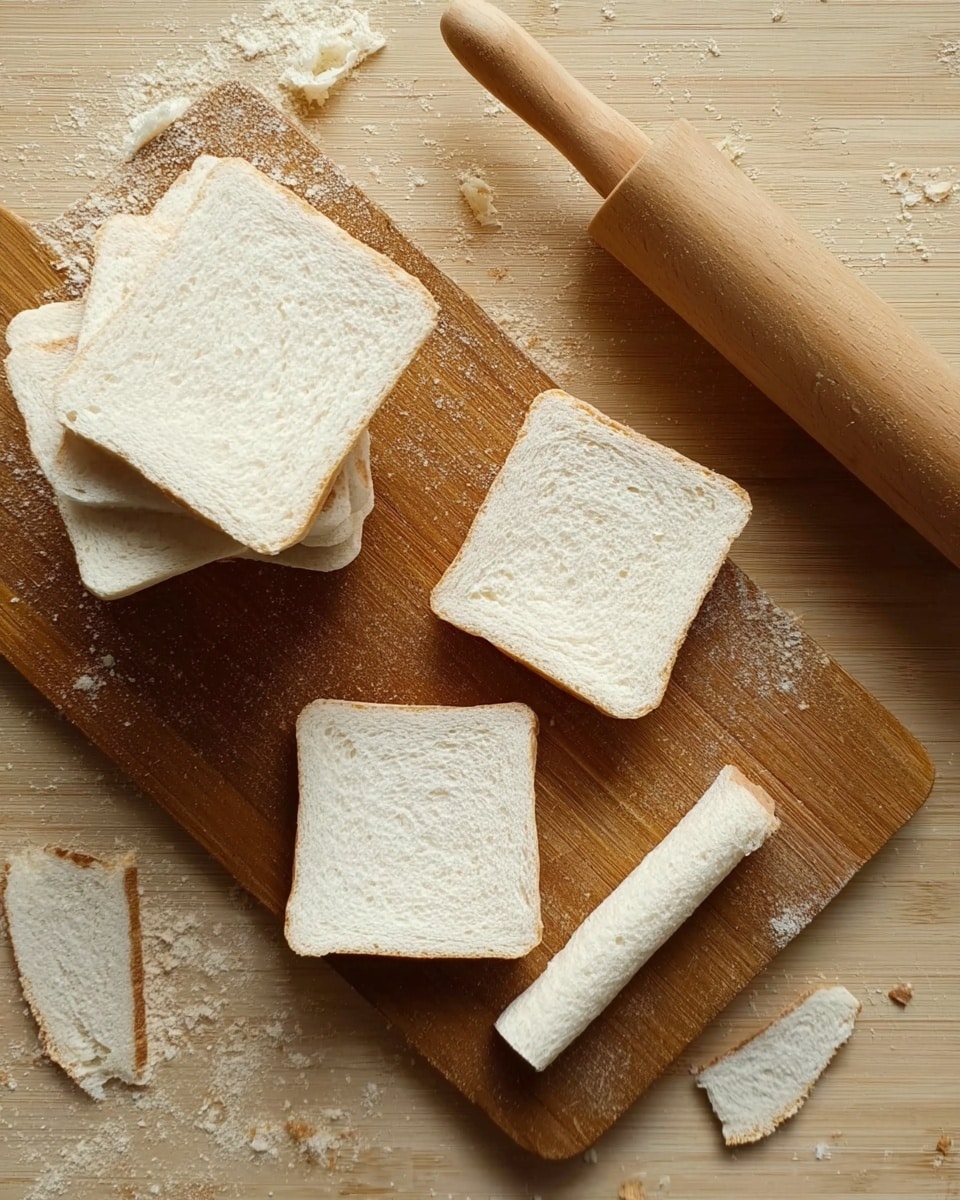 The image shows a wooden board with several pieces of white bread on it. There is a stack of square bread slices on the left side, and two single slices of bread placed flat near the center, both with soft, white texture and slightly rough edges. Two thin strips and one small piece of crust are placed near the bottom right. A wooden rolling pin is resting diagonally on the right side of the board. Small crumbs are scattered around the bread pieces on the surface. Photo taken with an iphone --ar 4:5 --v 7