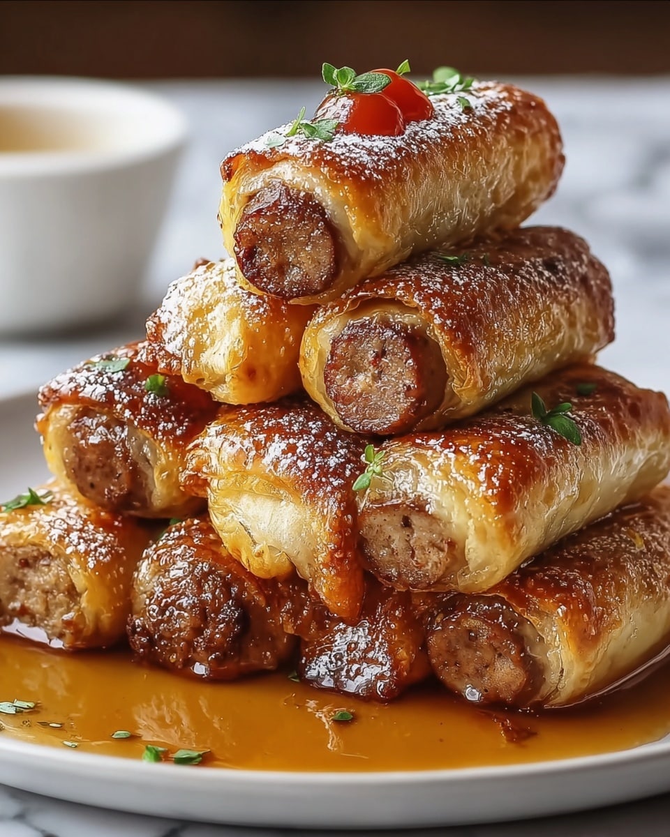 A white plate holds five rolled crepes stacked in two layers, with three on the bottom and two on top. Each crepe is golden brown with slightly crispy edges, revealing browned sausage meat inside at both open ends. The crepes are covered in a shiny, amber-colored syrup that pools around the base. Small pieces of chopped green herbs are sprinkled over the crepes, adding a fresh touch. The background has a soft focus with a warm lighting tone, highlighting the glossy texture of the syrup and the crispy surfaces of the crepes. Photo taken with an iphone --ar 4:5 --v 7
