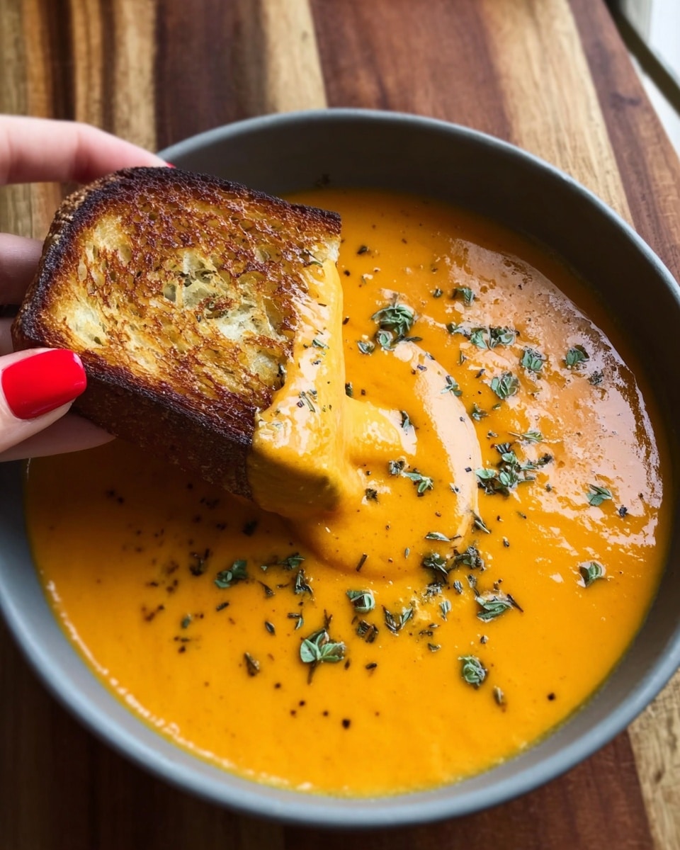 A gray bowl filled with thick orange soup sits on a wooden surface. The soup is smooth with some herbs and small green leaves sprinkled on top. A piece of toasted golden-brown bread with a crisp texture is dipped halfway into the soup, held by a woman’s hand with red-painted nails. The soup coats the bread with a shiny orange layer. Photo taken with an iphone --ar 4:5 --v 7