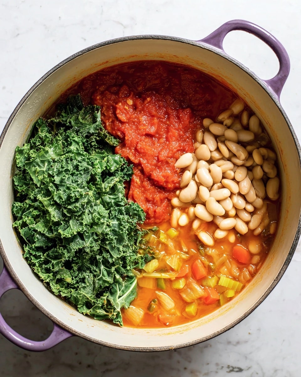 A white pot with a purple handle shows four layers of ingredients separated inside: top right is a pile of bright green chopped kale with a coarse leafy texture, top left are smooth light beige beans, bottom left is a thick chunky red tomato sauce, and bottom right is a light orange broth with small diced pieces of vegetables like carrots and celery. The pot sits on a white marbled surface. photo taken with an iphone --ar 4:5 --v 7