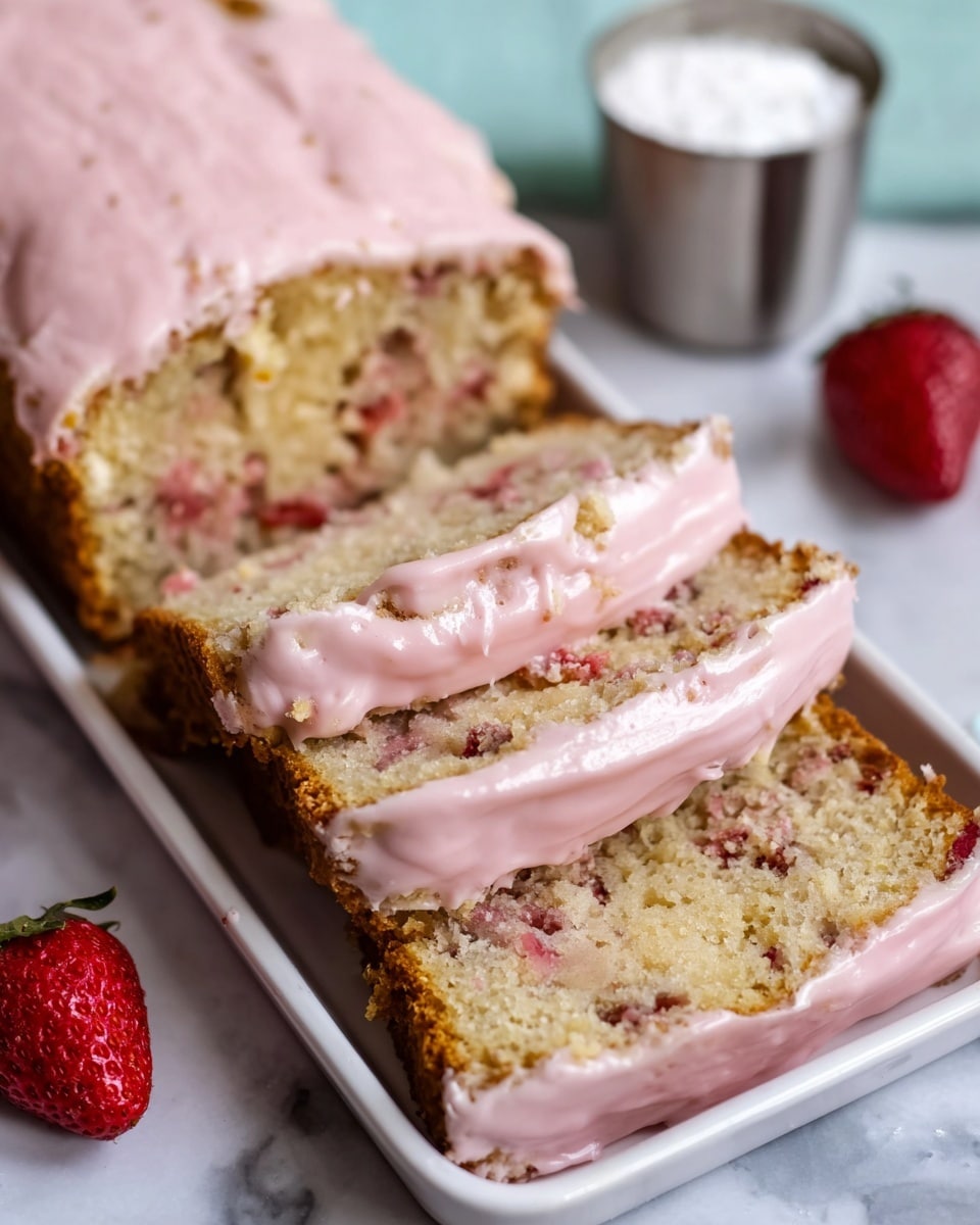 The image shows a sliced loaf of cake with three layers on a white tray. The cake layers are light golden brown with visible chunks of fruit mixed inside, showing bits of pink and red. The cake is topped with a thick, smooth layer of light pink icing that covers the entire top and edges of the cake slices. The texture of the cake looks moist and slightly crumbly. Around the tray, there are a few whole strawberries and a small metal cup filled with white powder in the background. The background surface is a white marbled texture. Photo taken with an iphone --ar 4:5 --v 7