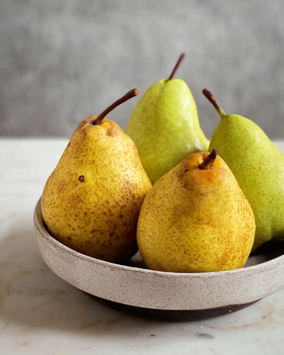 The image shows a white oval baking dish with eight halved pears arranged inside, each pear is pale yellow with smooth texture and a hollowed-out center. In the left part of the image, a woman's hand is using a metal scoop to hollow the pears further. On the right, the same pears are sprinkled with a brown powder, likely cinnamon, and drizzled with a light amber liquid, possibly honey or syrup, filling the hollow centers. The background is a white marbled surface. photo taken with an iphone --ar 4:5 --v 7