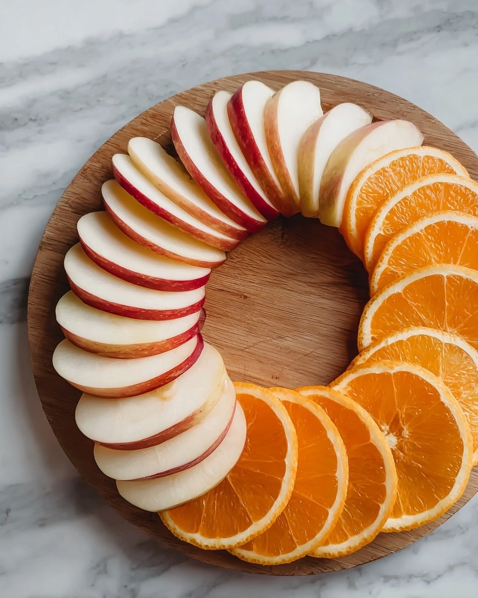 A round wooden board holds two layers of fruit arranged in a circle, set on a white marbled surface. The top half features thin slices of red-skinned apple, each slice showing white flesh with a smooth texture, neatly overlapping each other in a curved line. The bottom half has bright orange slices with visible juicy pulp and white edges, also placed overlapping in a curved row. The arrangement forms a nearly complete ring with a small empty space in the center. Photo taken with an iphone --ar 4:5 --v 7
